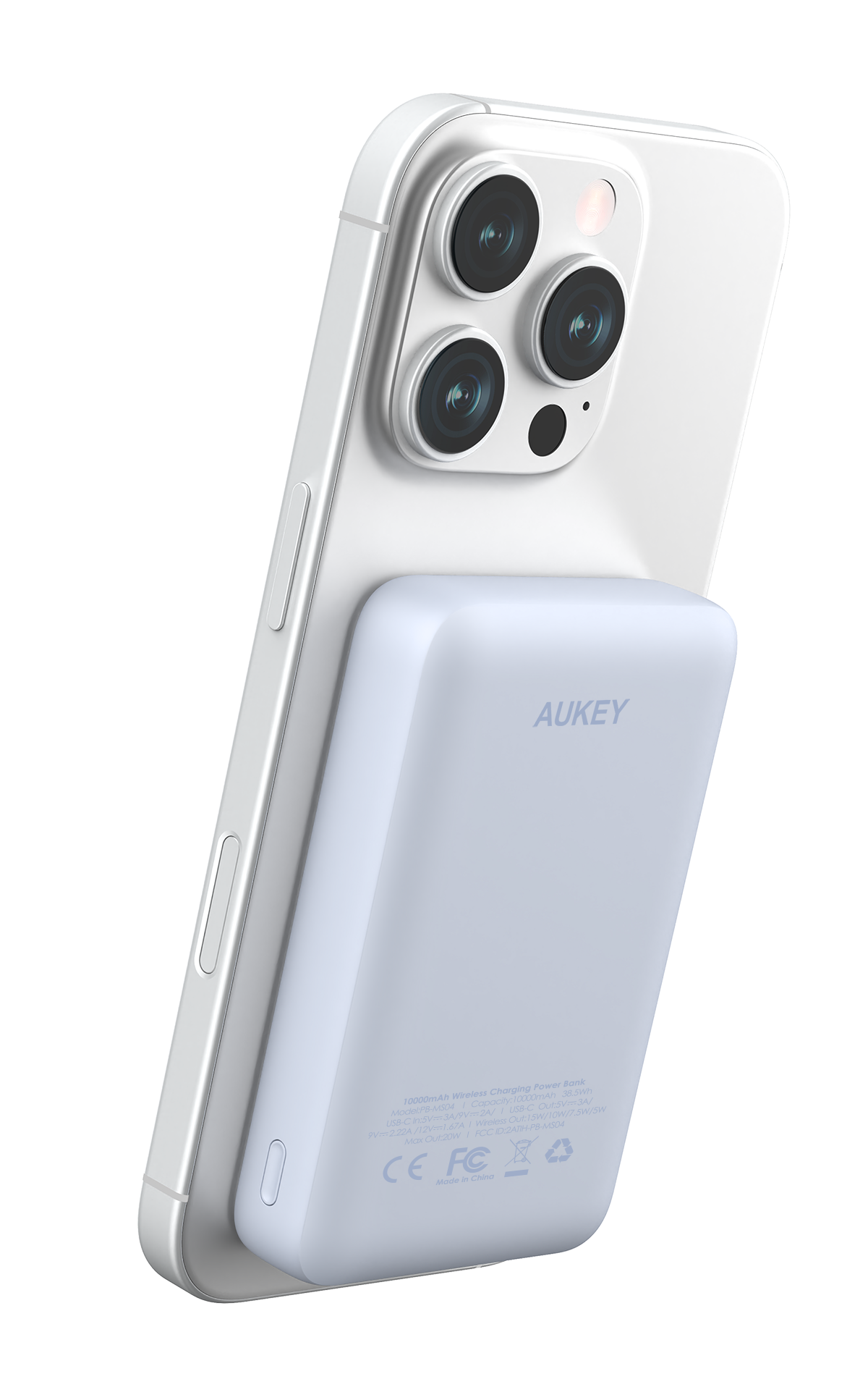 AUKEY MagFusion 10000mAh magnetic wireless charging power bank attached to smartphone