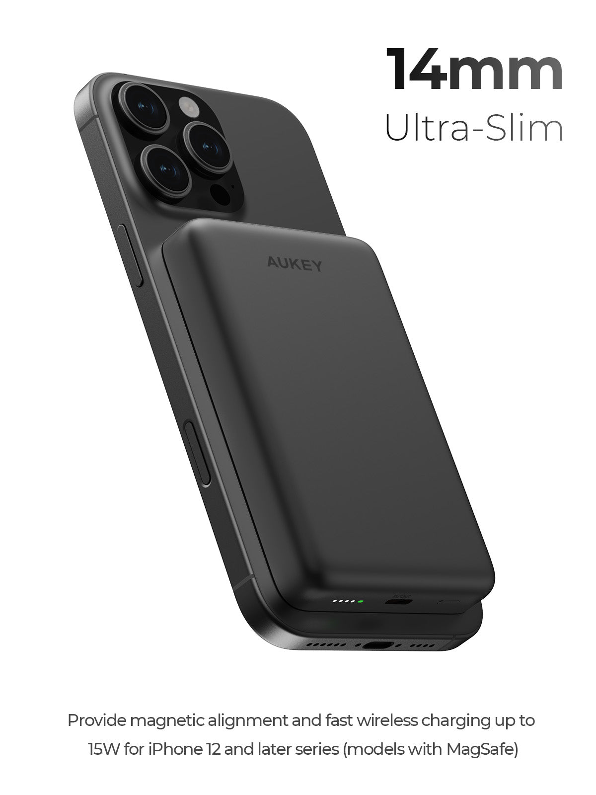 AUKEY MagFusion M 10000 wireless power bank attached to iPhone 12 charging magnetically