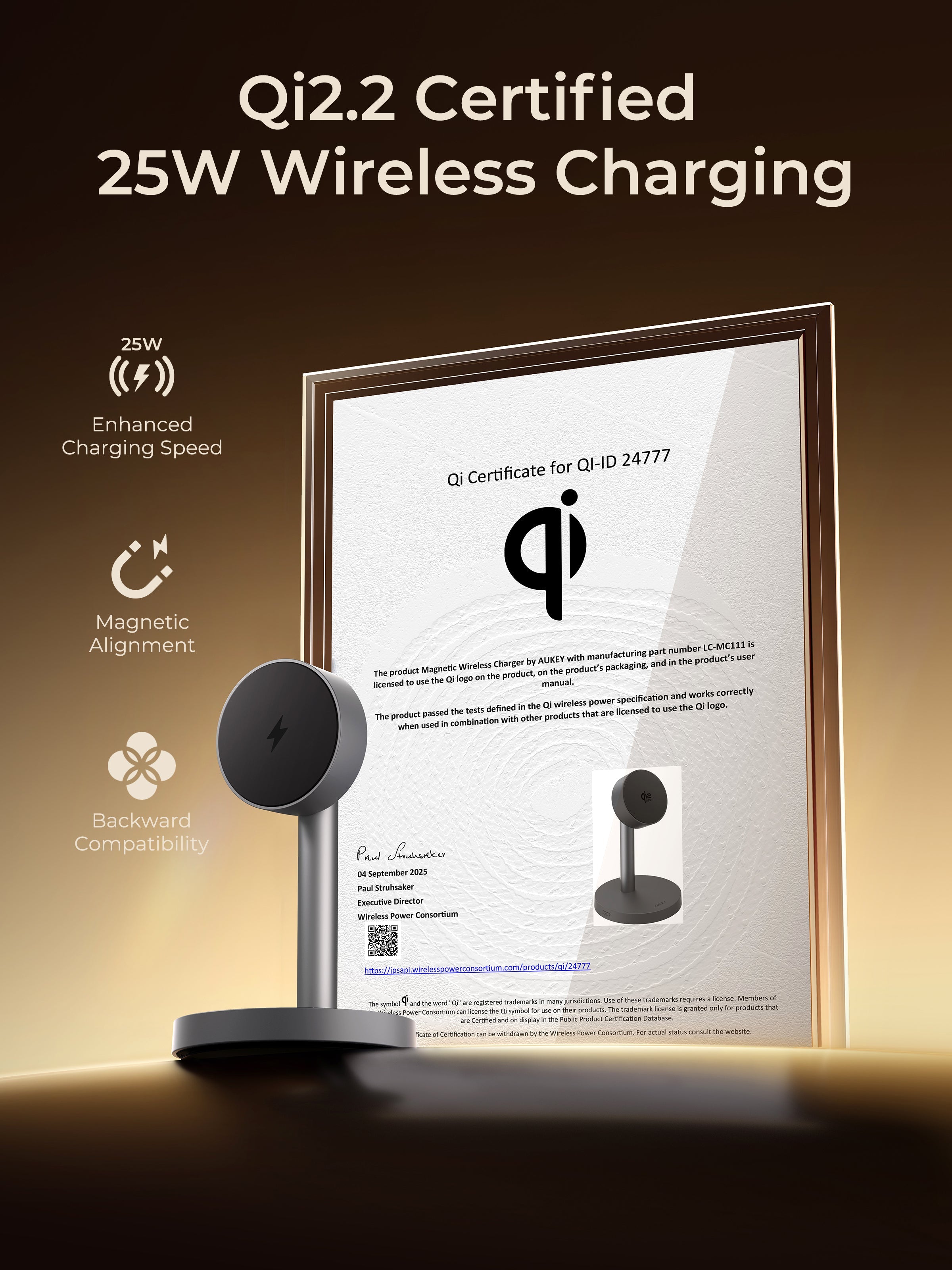 AUKEY LC-MC111 Qi2.2 MagFusion magnetic Wireless Charger with 25W fast charging and Qi certification
