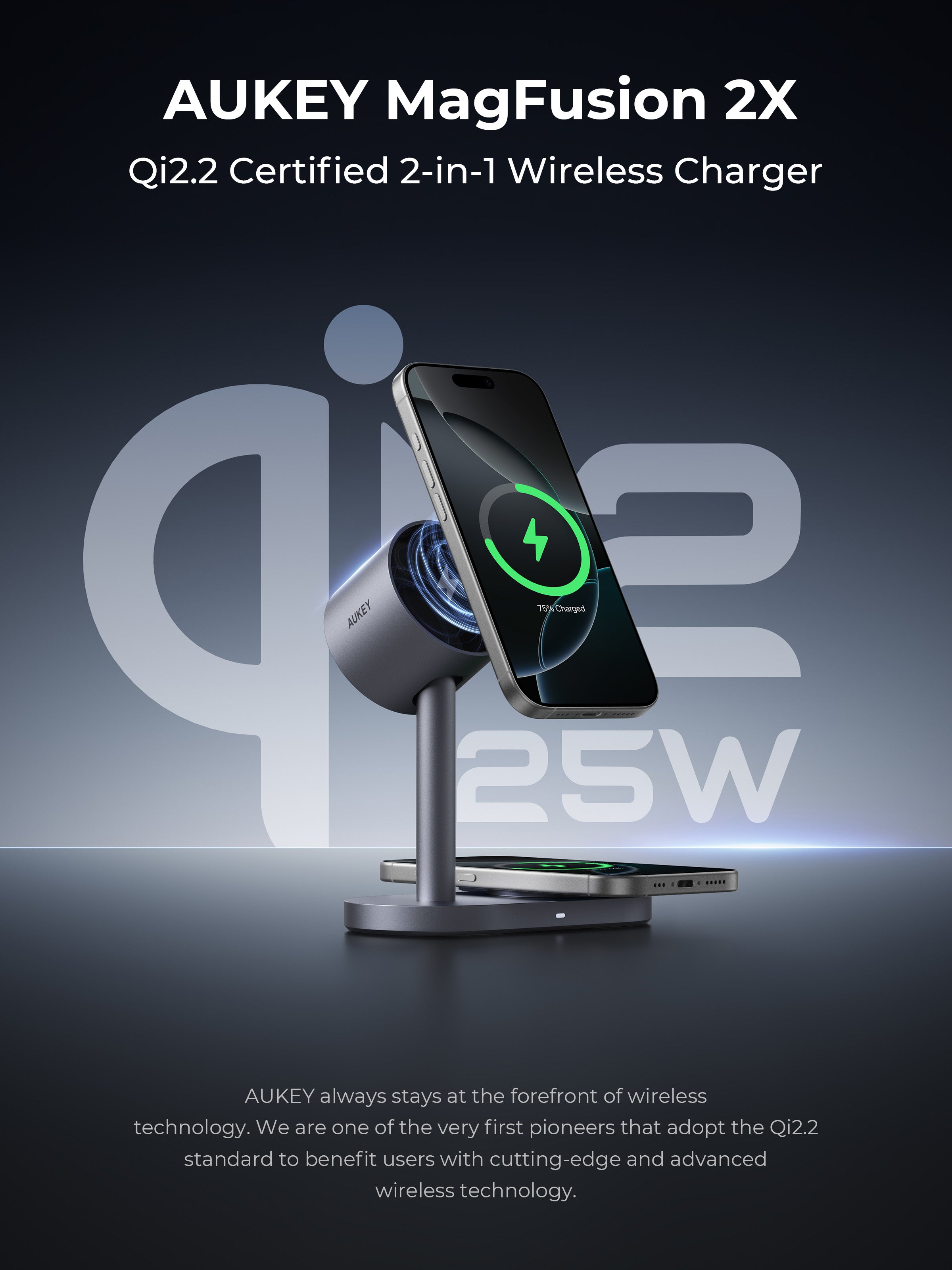 AUKEY MagFusion 2X Qi2.2 certified 2-in-1 MagSafe wireless charger with 25W fast charging