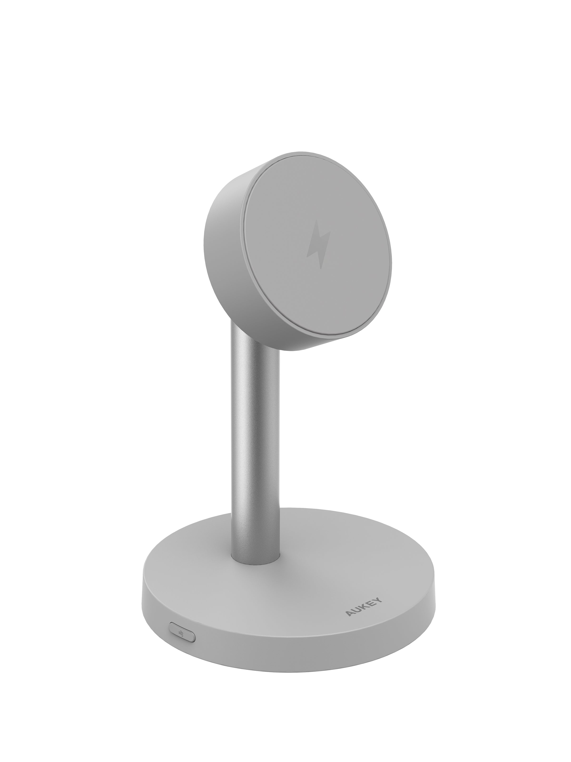 AUKEY LC-MC111 MagFusion magnetic Wireless Charger in gray with round charging pad and vertical stand
