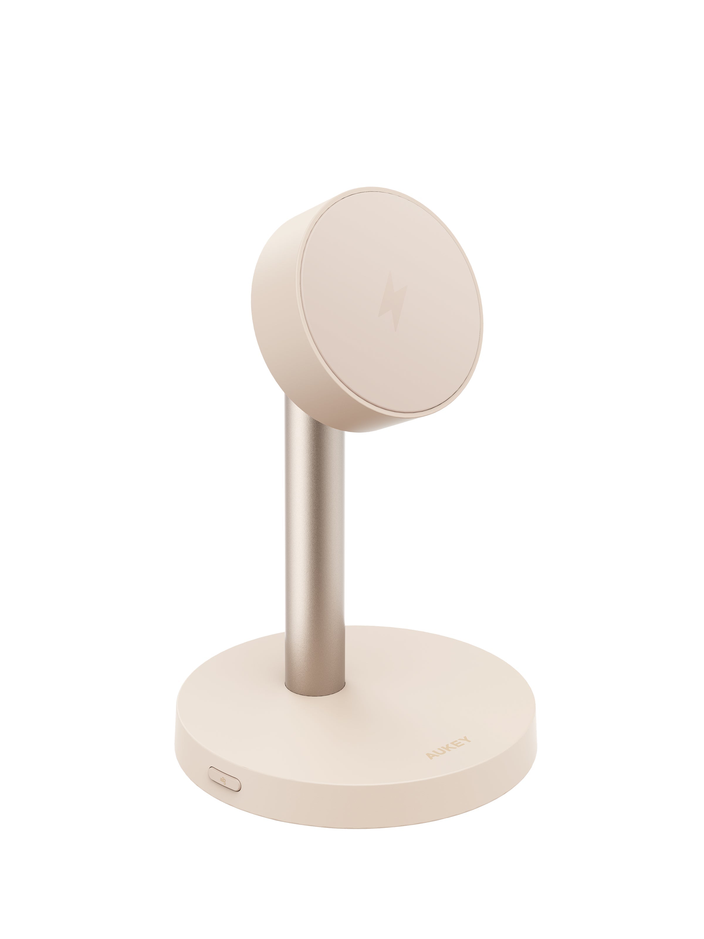 AUKEY LC-MC111 MagFusion Qi 2.2 magnetic Wireless Charger in beige with round charging pad and stand