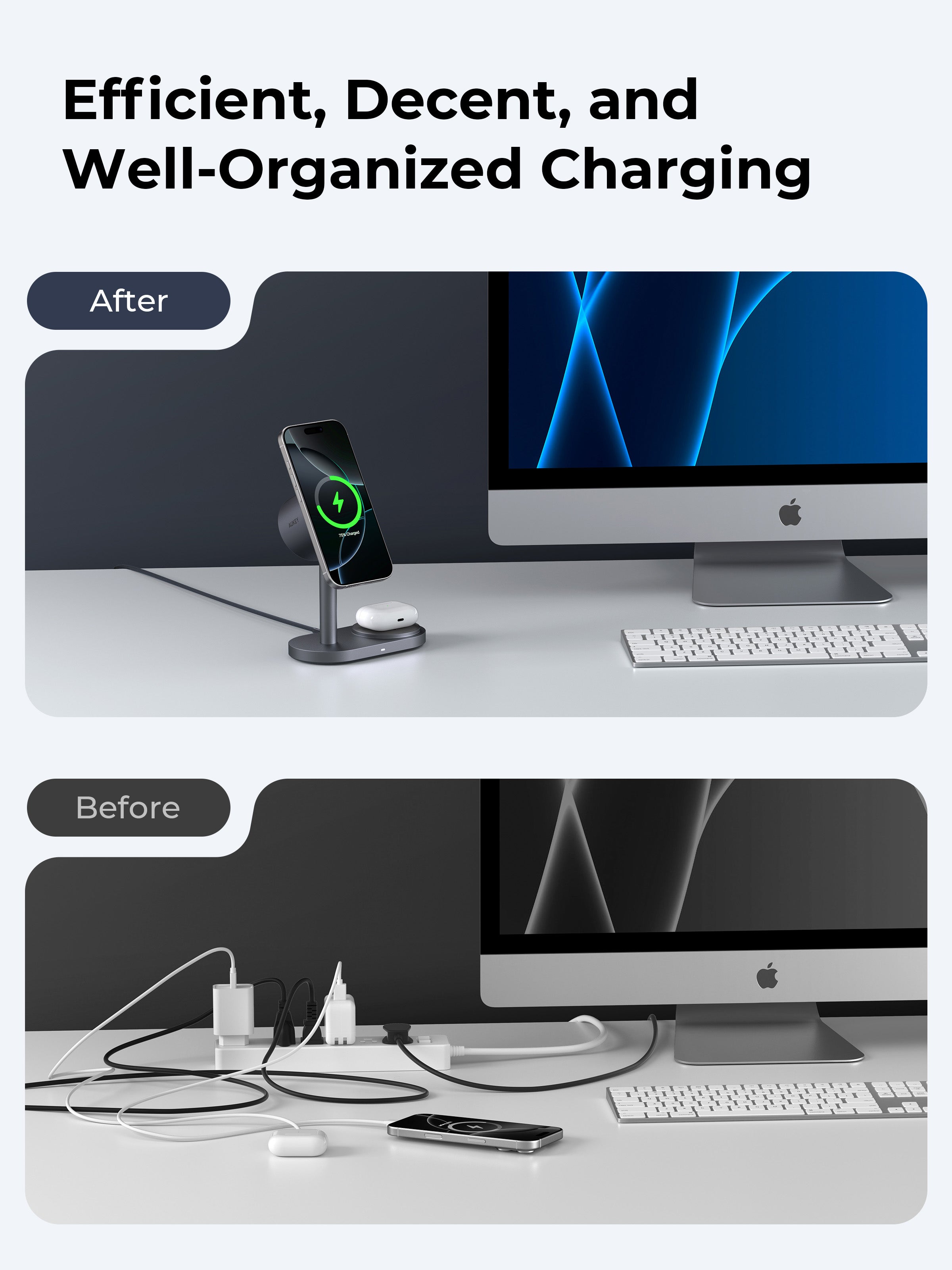 AUKEY Qi2.2 MagFusion 2-in-1 magnetic wireless charger organizing desk with Apple devices and Mac monitor