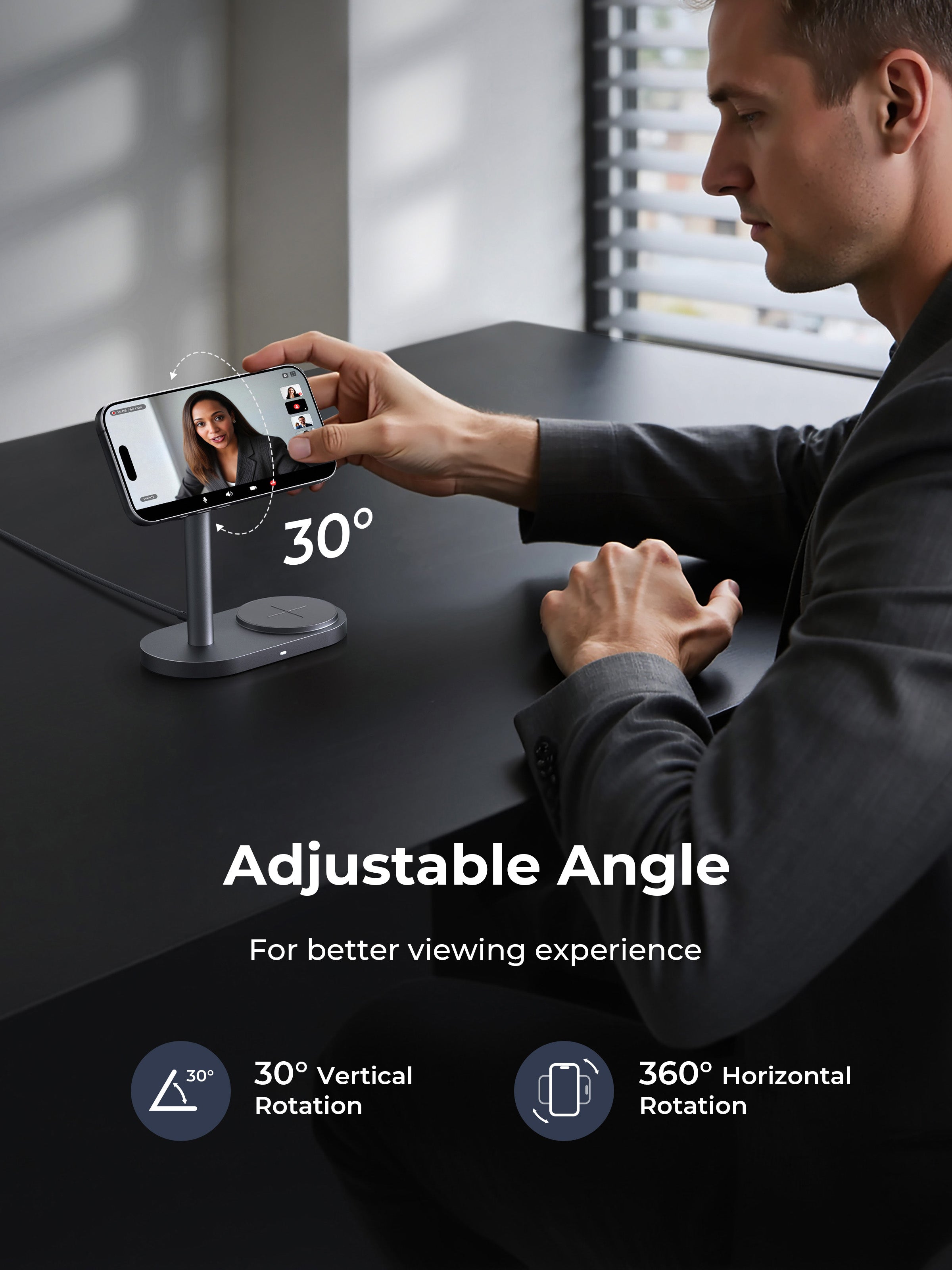 Man using AUKEY MagSafe charger with adjustable 30° vertical and 360° horizontal rotation on desk