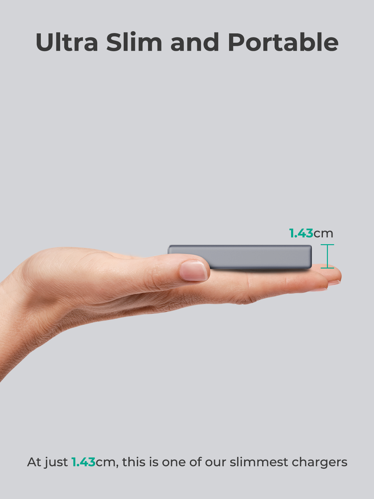 AUKEY PA-C4 Comet Slim 67W PD Wall Charger shown ultra slim and portable with 1.43cm thickness on hand