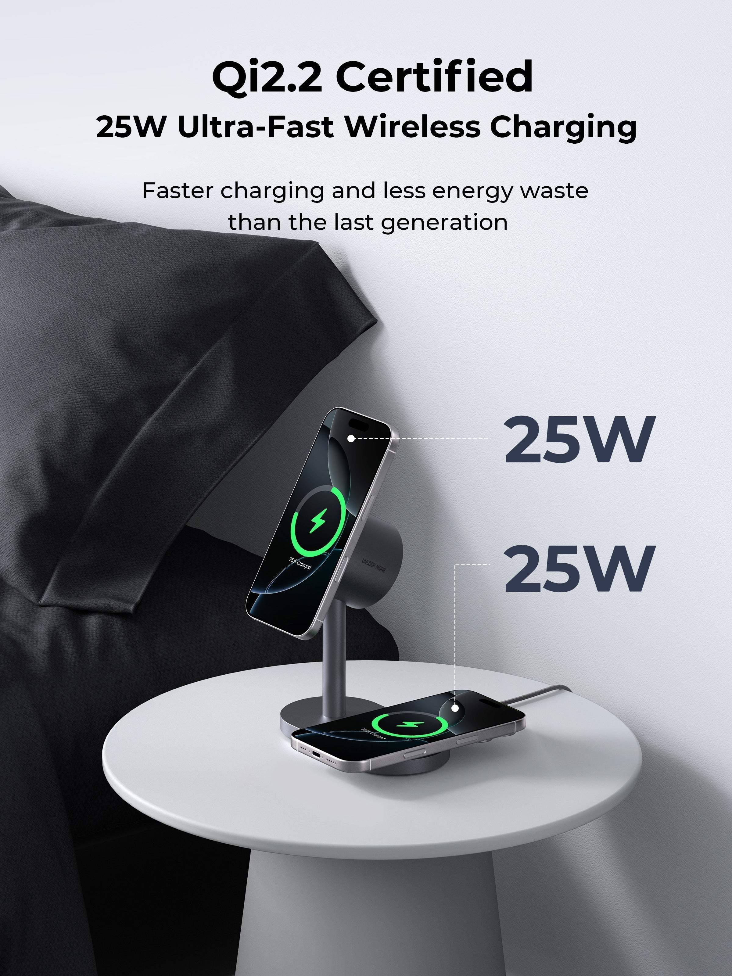 AUKEY LC-MC213 Qi2.2 MagFusion 2-in-1 Magnetic Wireless Charging Station with 25W fast charging on white round table next to bed