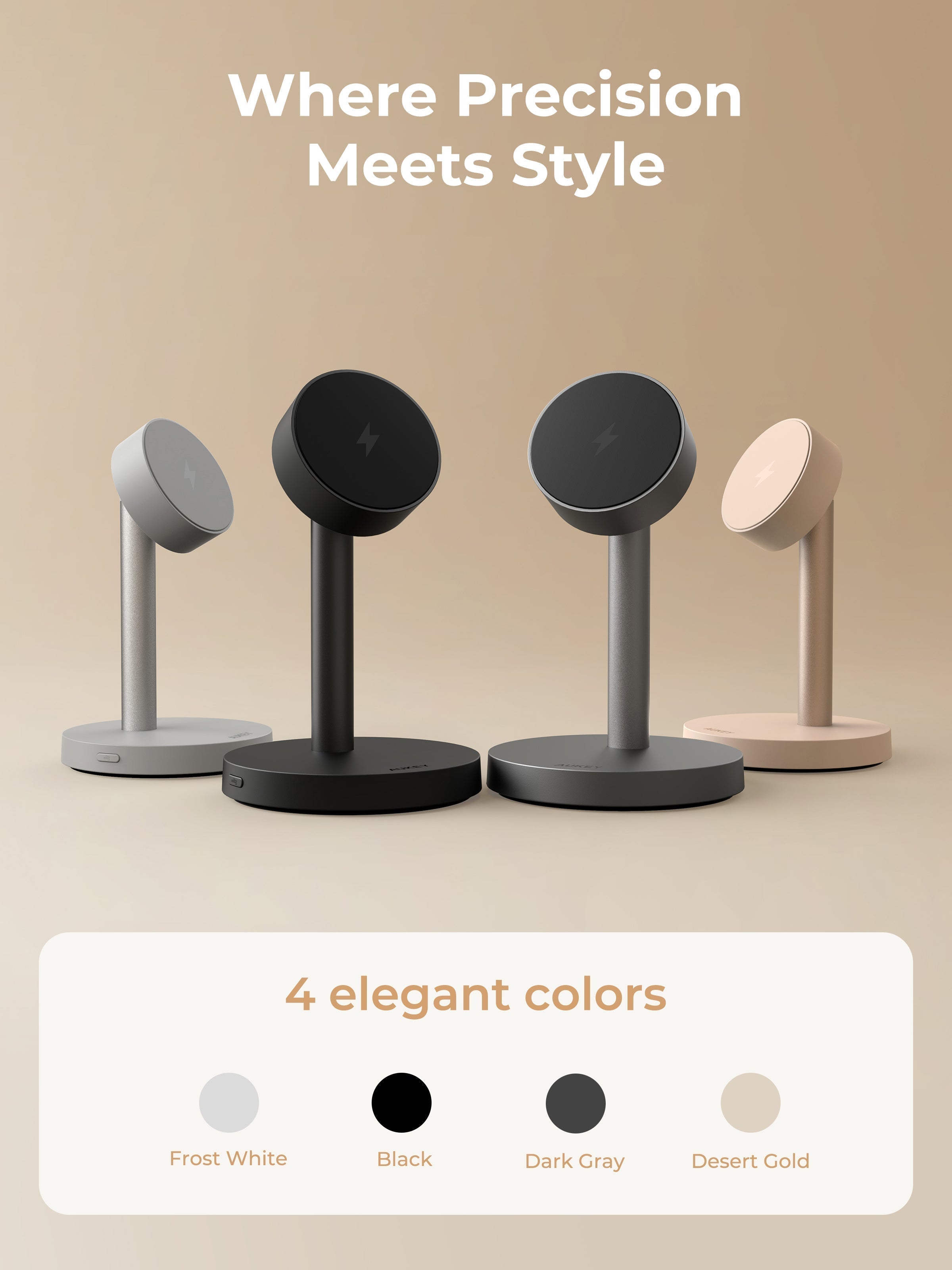 AUKEY LC-MC111 Qi2.2 MagFusion magnetic Wireless Charger in frost white, black, dark gray, and desert gold colors