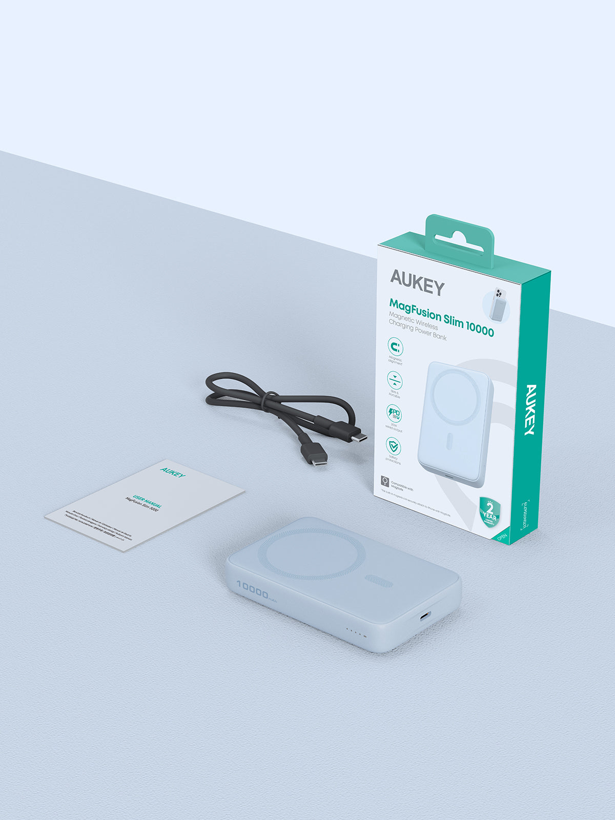 AUKEY MagFusion 10000mAh magnetic wireless charging power bank with USB cable and packaging