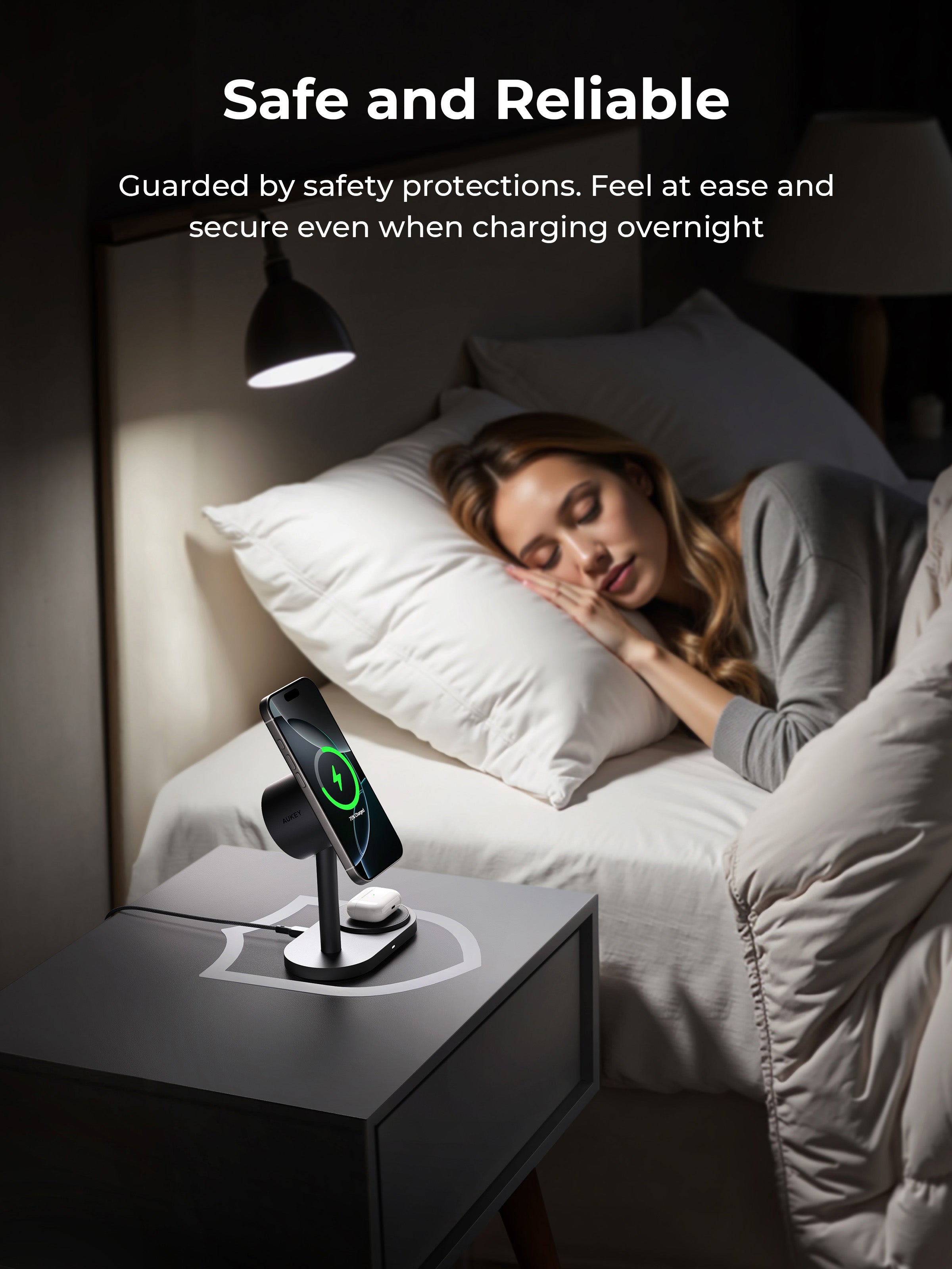 AUKEY LC-MC213 2-in-1 magsafe wireless charging station on nightstand charging phone safely while woman sleeps