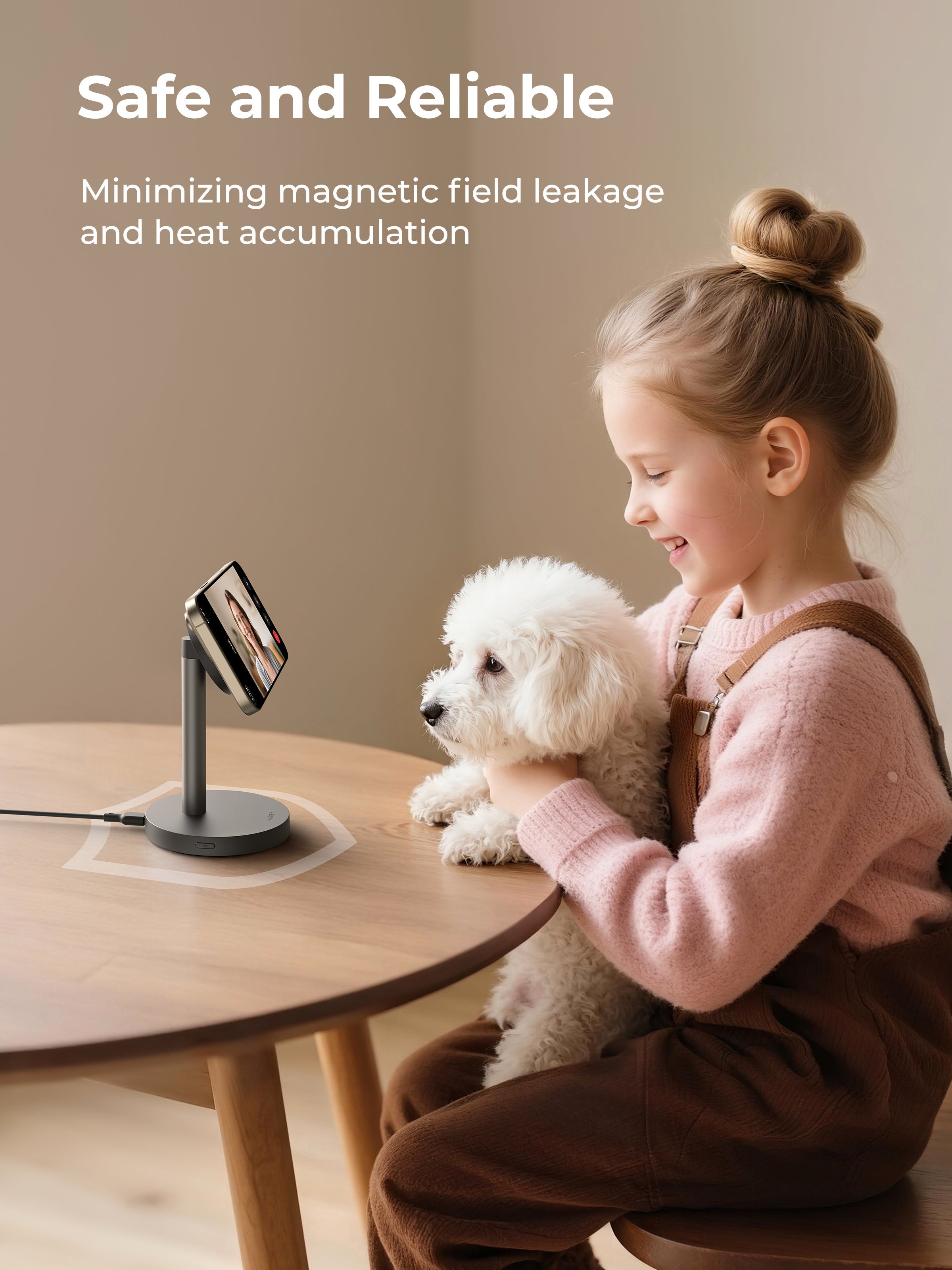 AUKEY LC-MC111 MagFusion magnetic Wireless Charger on table with smartphone and child holding a white dog nearby