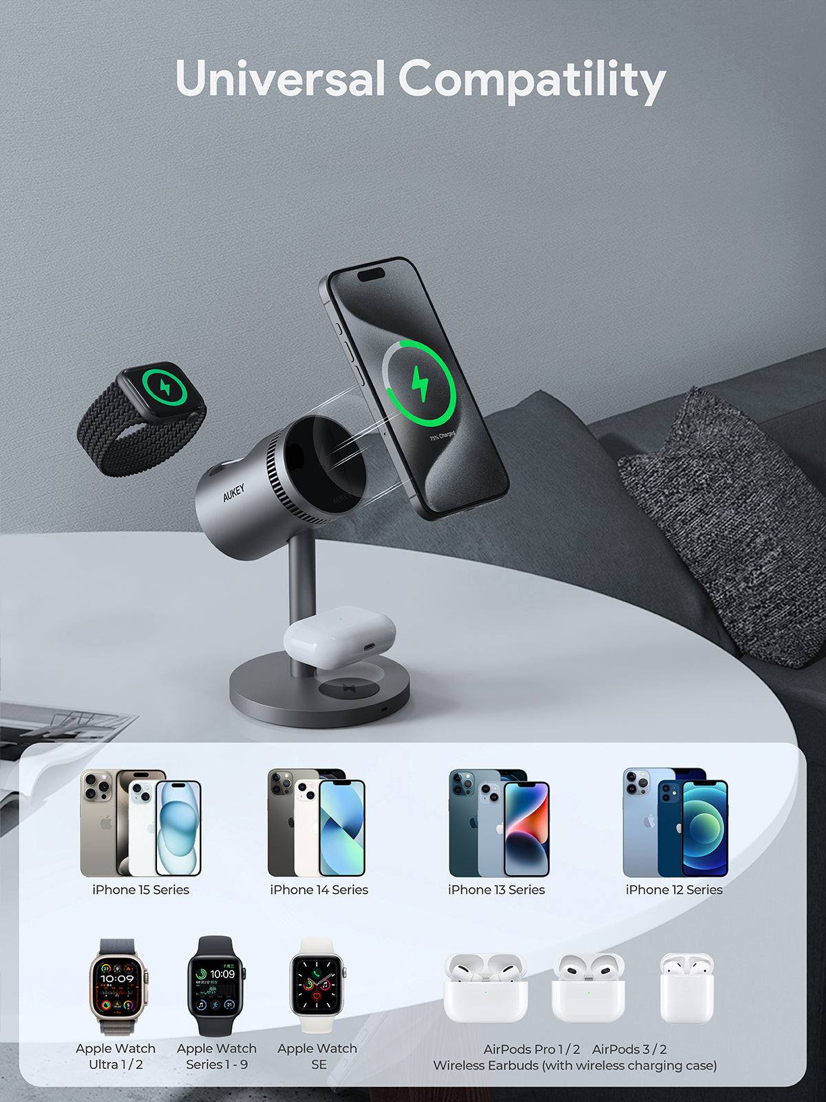 AUKEY LC-MC311A MagFusion 3 in 1 Wireless Charger Pro Qi2 Active Cooling Wireless Charging Station