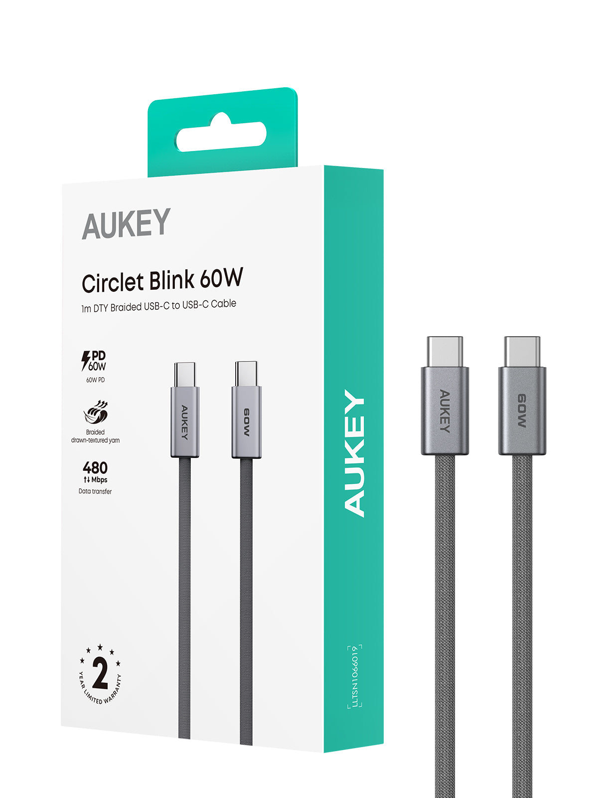 AUKEY CB-DCC061 Circlet Blink 60W 1m DTY Braided USB-C to USB-C Cable
