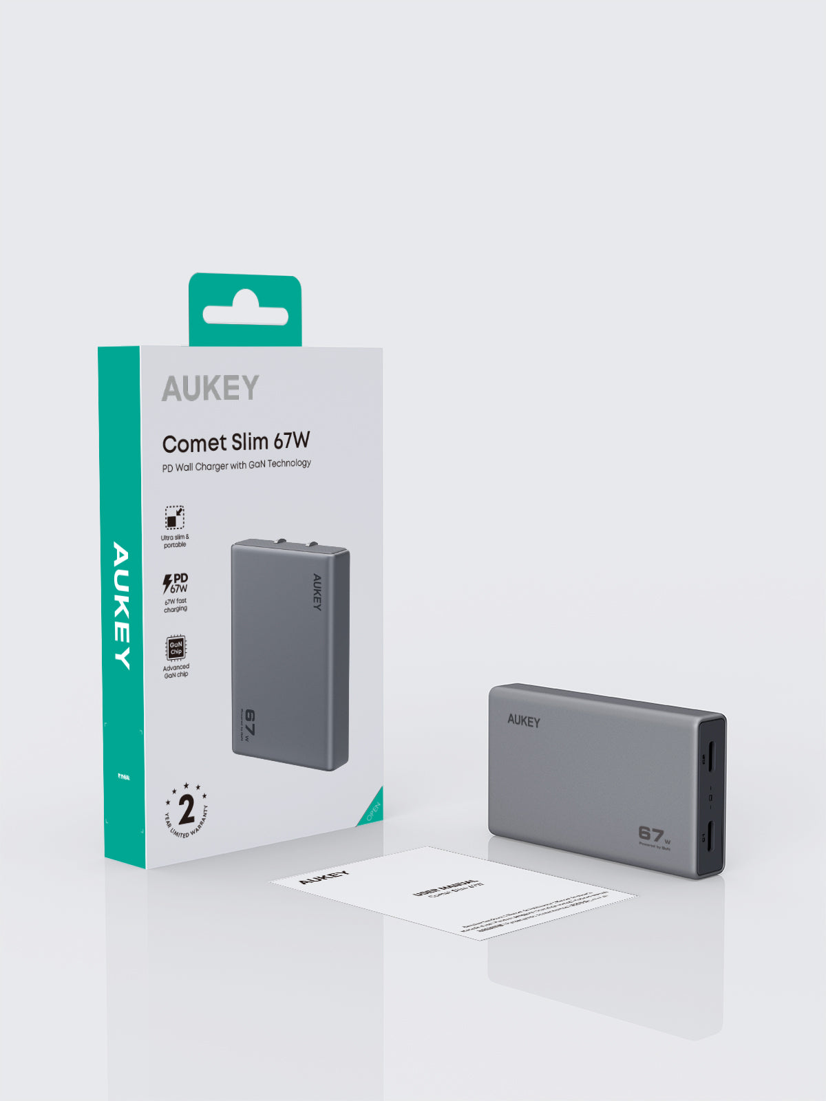 AUKEY PA-C4 Comet Slim 67W PD Wall Charger with GaN Technology and packaging box
