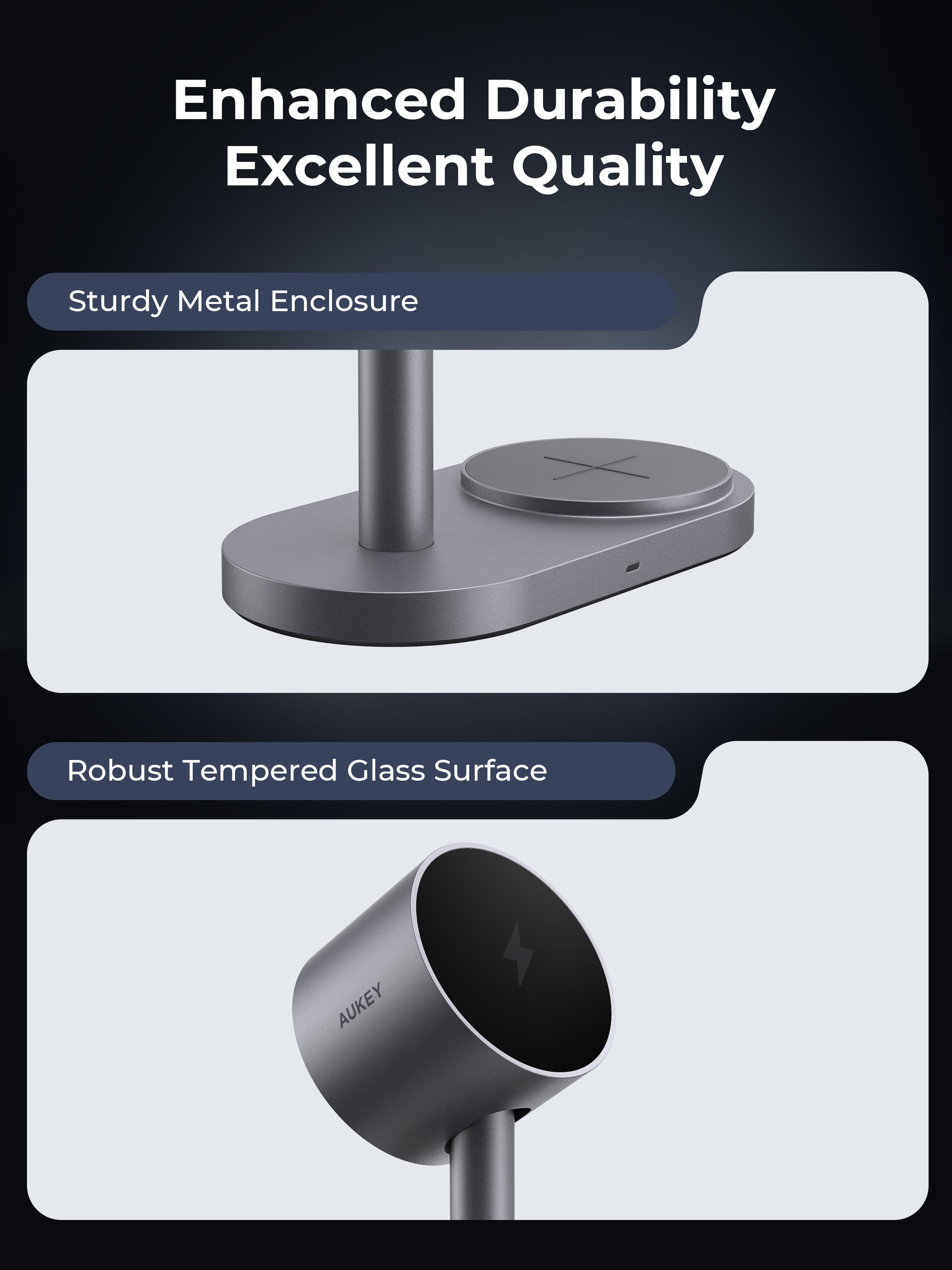 AUKEY LC-MC213 magsafe wireless charging station with sturdy metal enclosure and tempered glass surface.