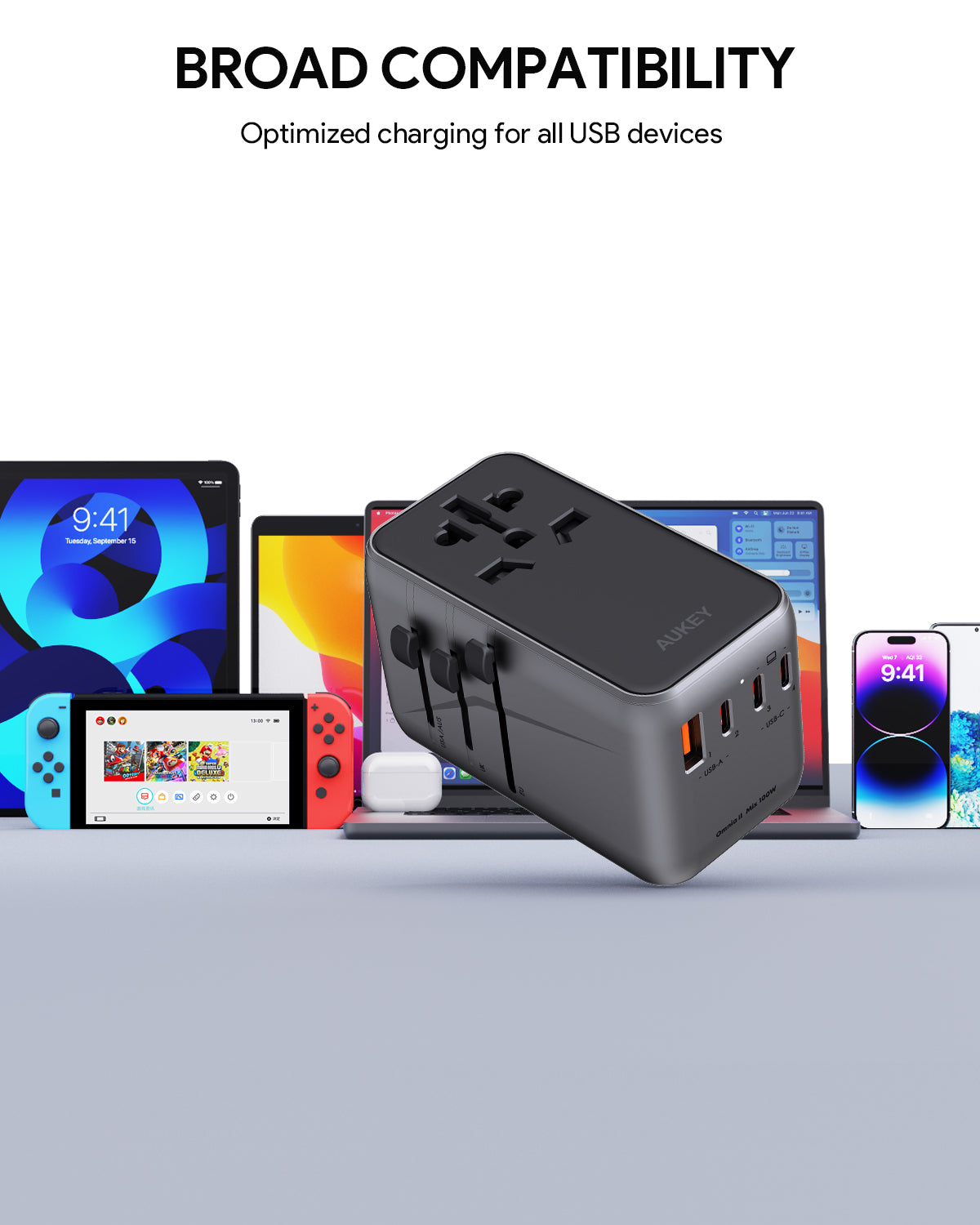 Adaptateur universel Travel Mate 100 W GaN avec ports USB