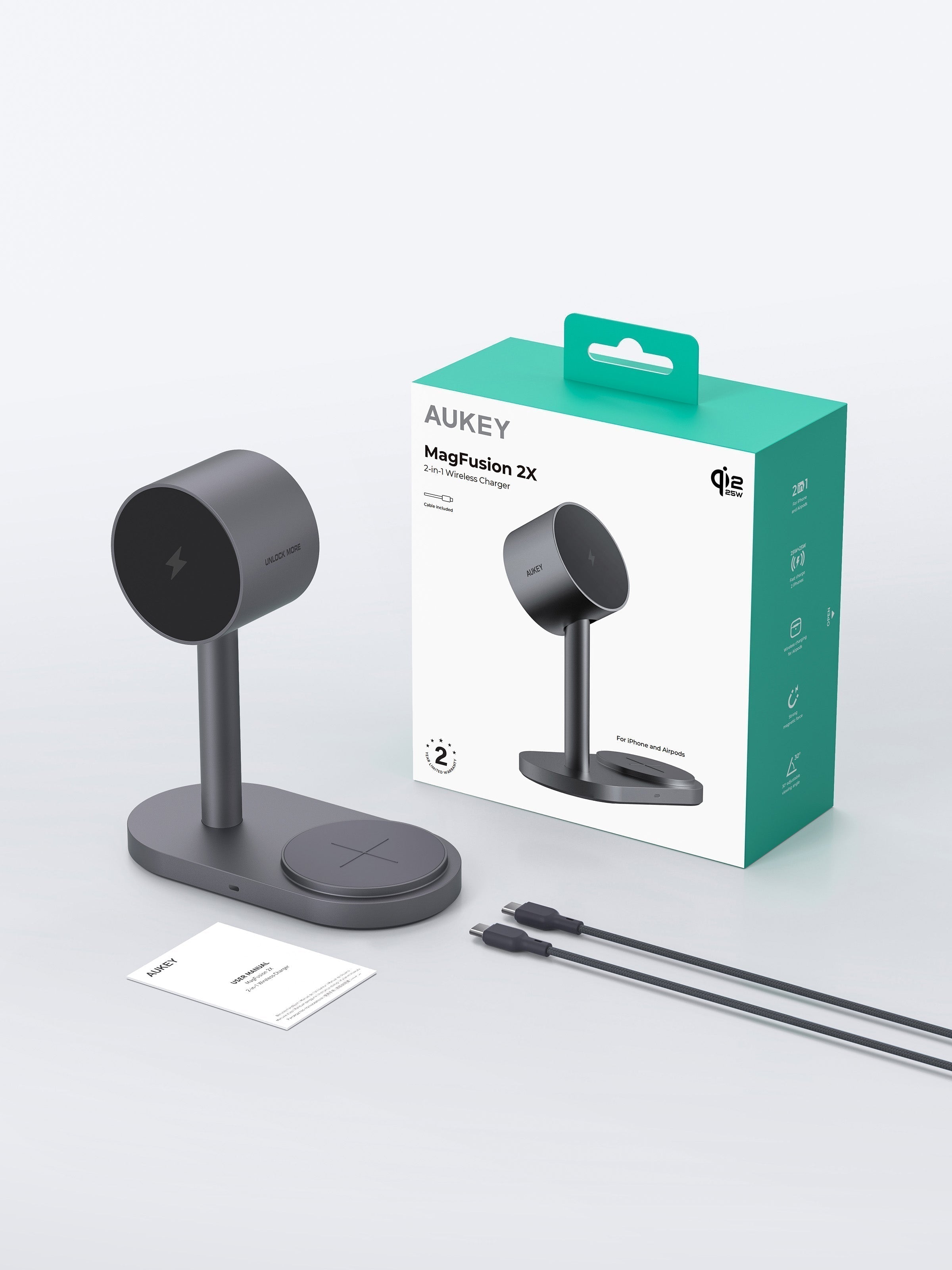 AUKEY MagFusion 2X Magnetic Wireless Charger with dual charging pads and packaging box.