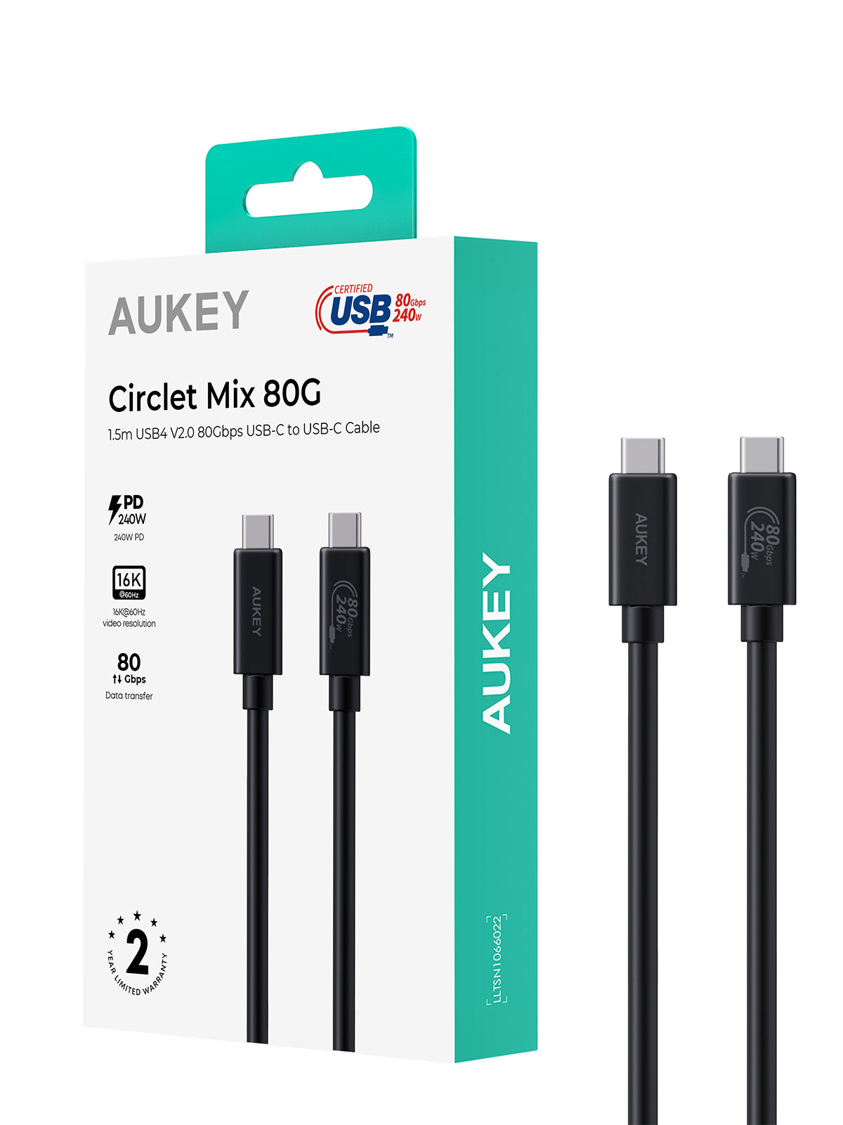 AUKEY CB-DCC402 USB-C to USB-C Cable (240W / 80Gbp / 16K 60Hz )