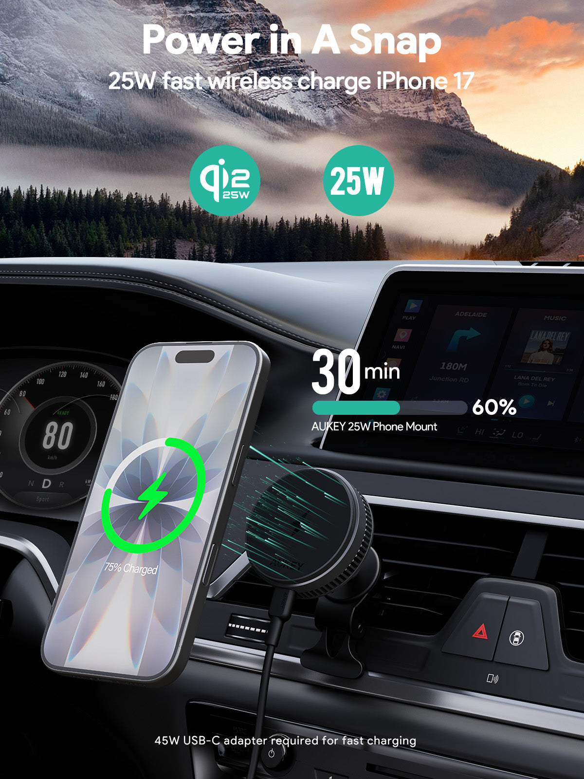AUKEY MagFusion Dash Pro Qi2.2 Active Cooling magsafe car mount charger HD-MC13AP