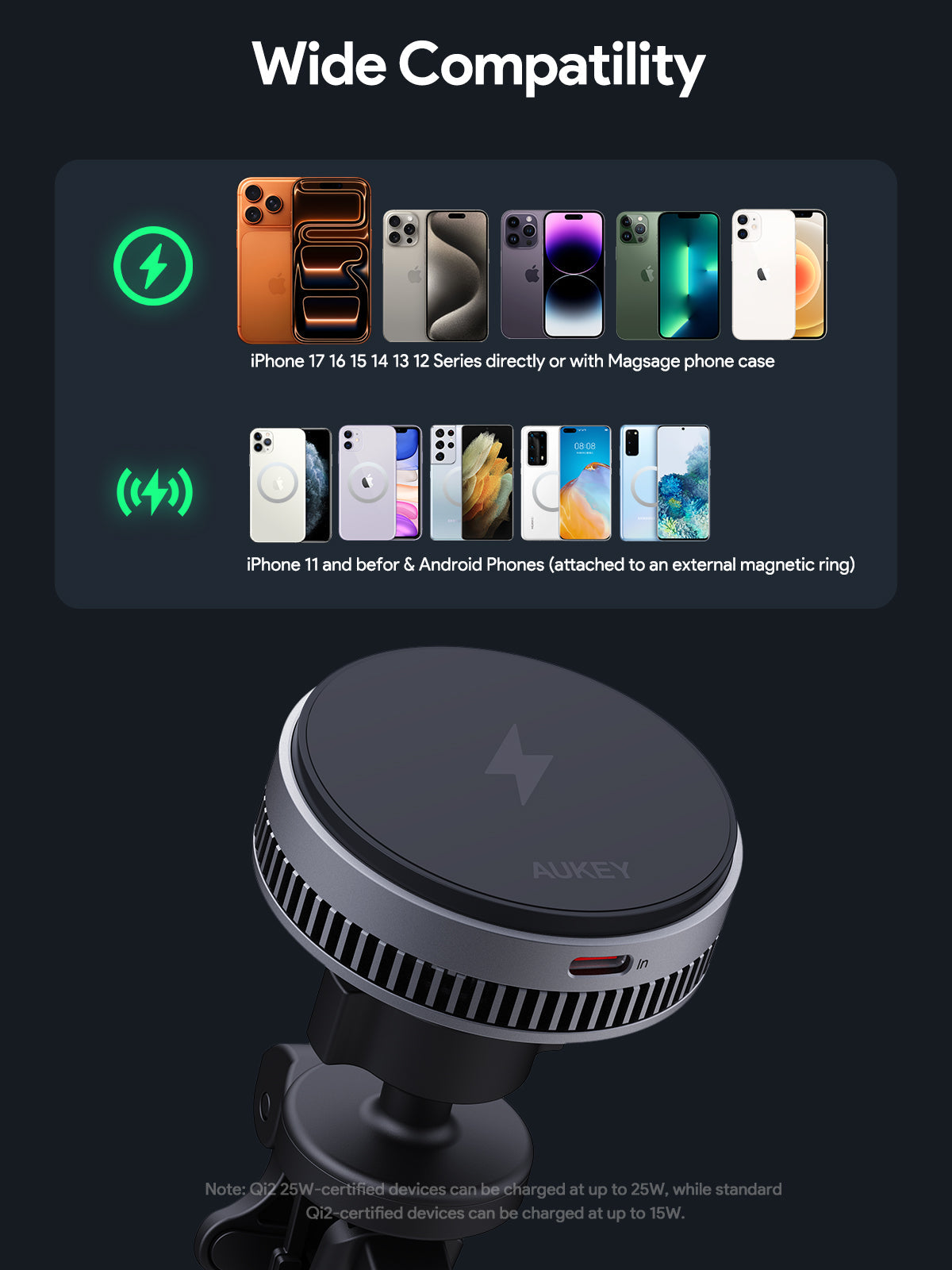 AUKEY MagFusion Dash Pro Qi2.2 Active Cooling magsafe car mount charger HD-MC13AP