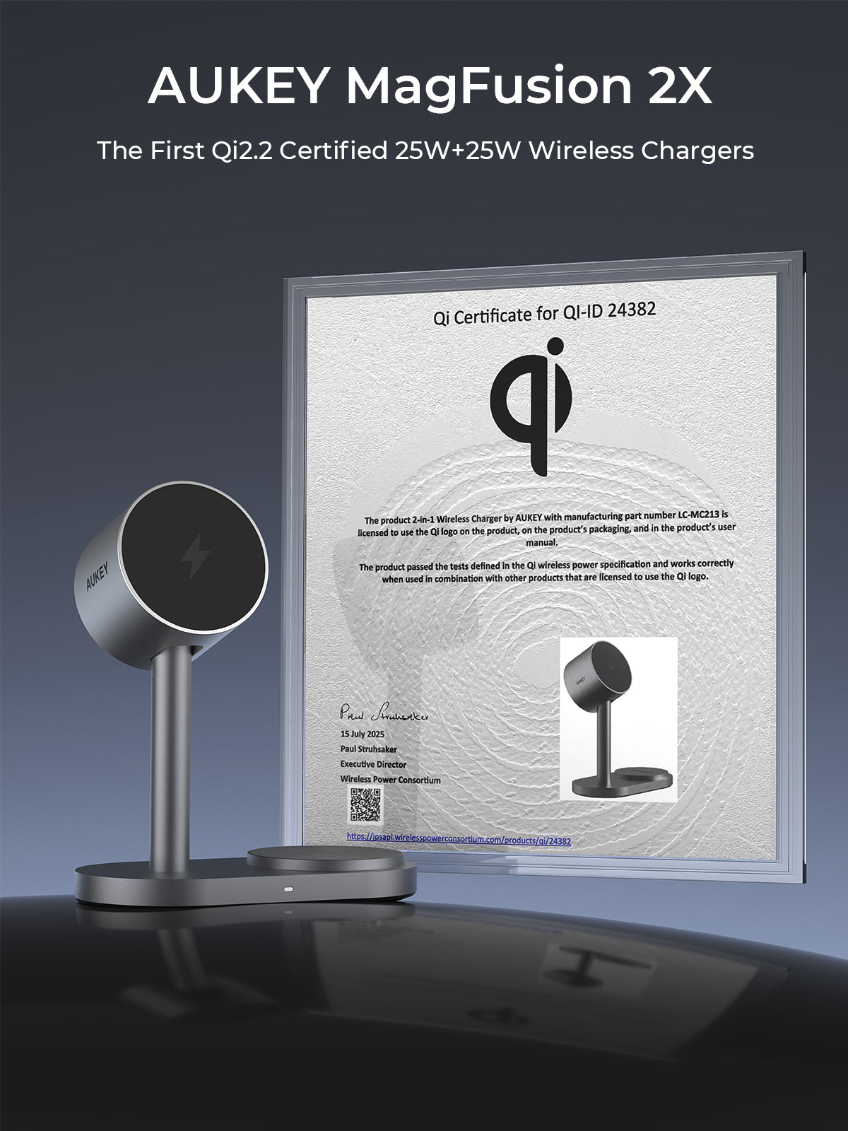 AUKEY LC-MC213 Qi2.2 MagFusion 2X magnetic wireless charging station with Qi certification and dual 25W charging pads