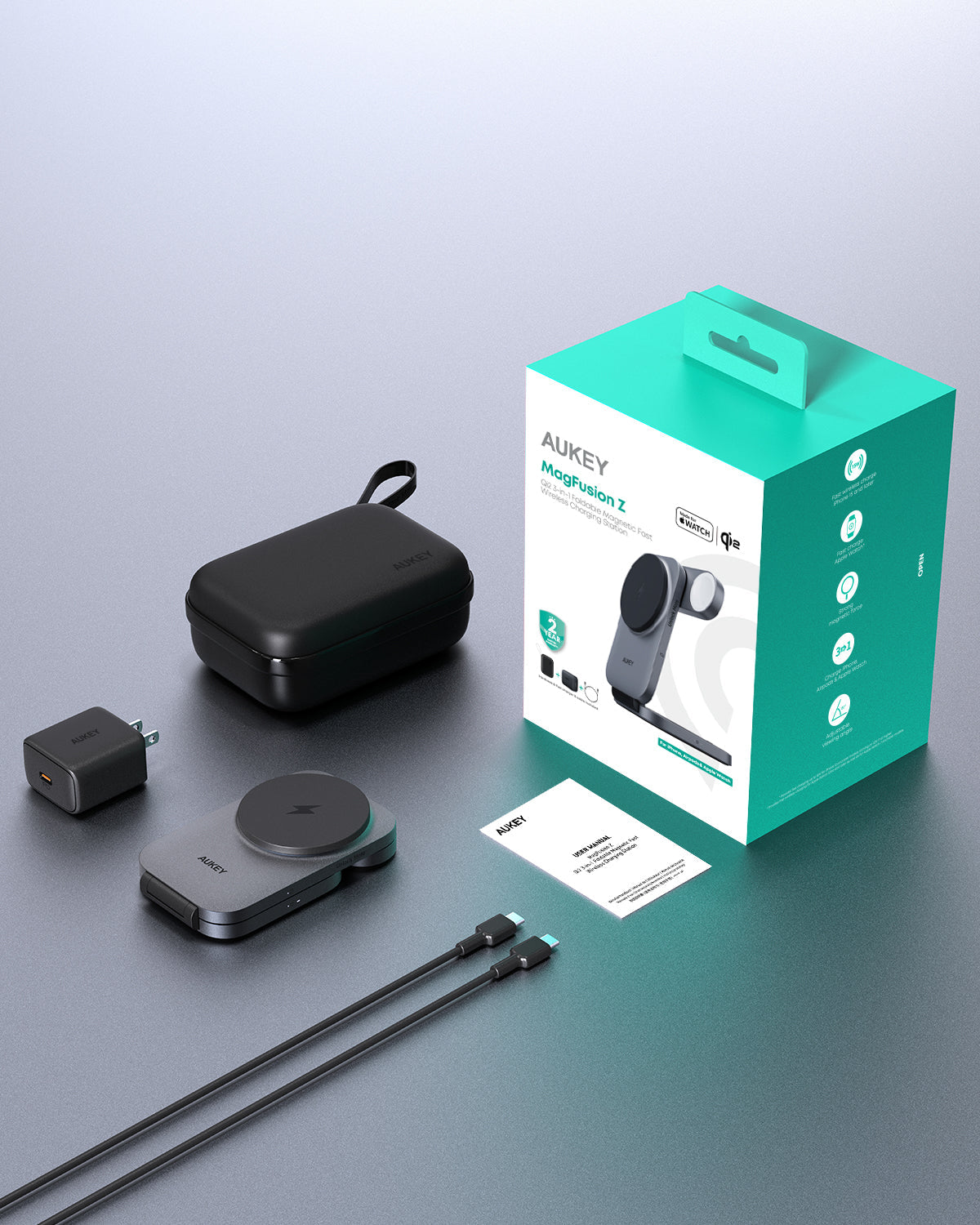 AUKEY MagFusion Z Pro 3-in-1 wireless charger with foldable design, 25W Qi2.2 fast charging station and accessories on grey background