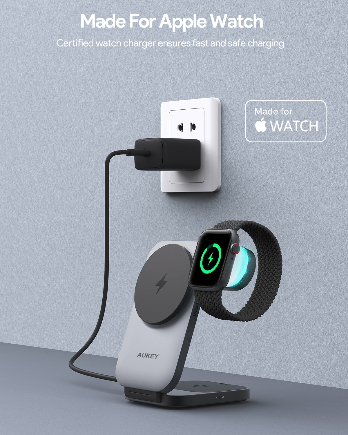 AUKEY MagFusion Z Pro 3 in 1 wireless charger with Apple Watch charging station and foldable design