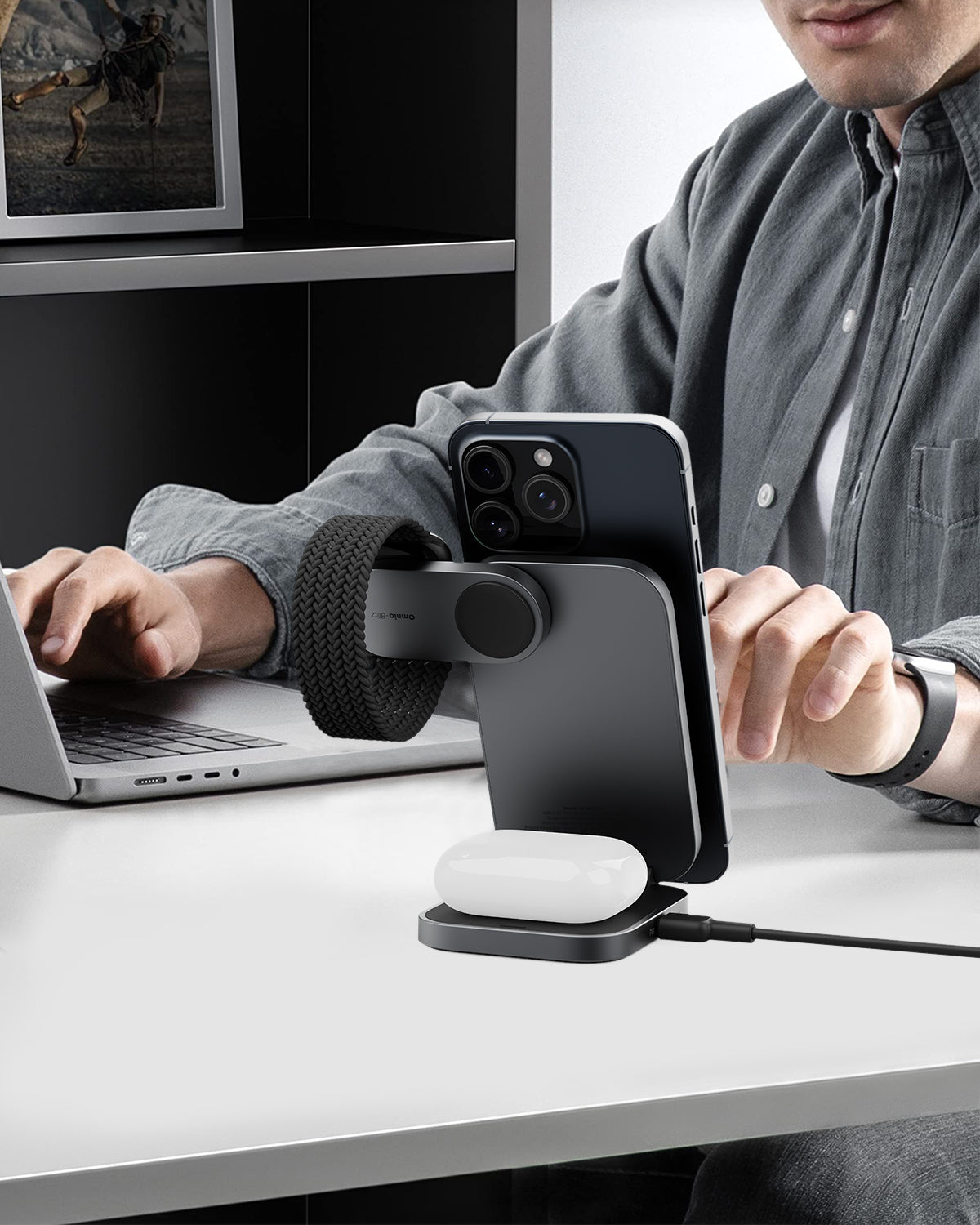 AUKEY MagFusion Z Pro 3 in 1 wireless charger with phone, earbuds, and smartwatch charging on desk