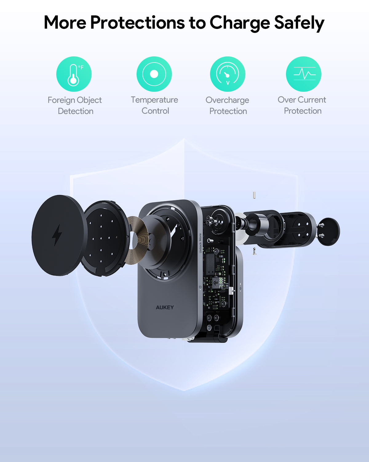 AUKEY MagFusion Z Pro 3 in 1 wireless charger with temperature, overcharge, and foreign object detection protections.