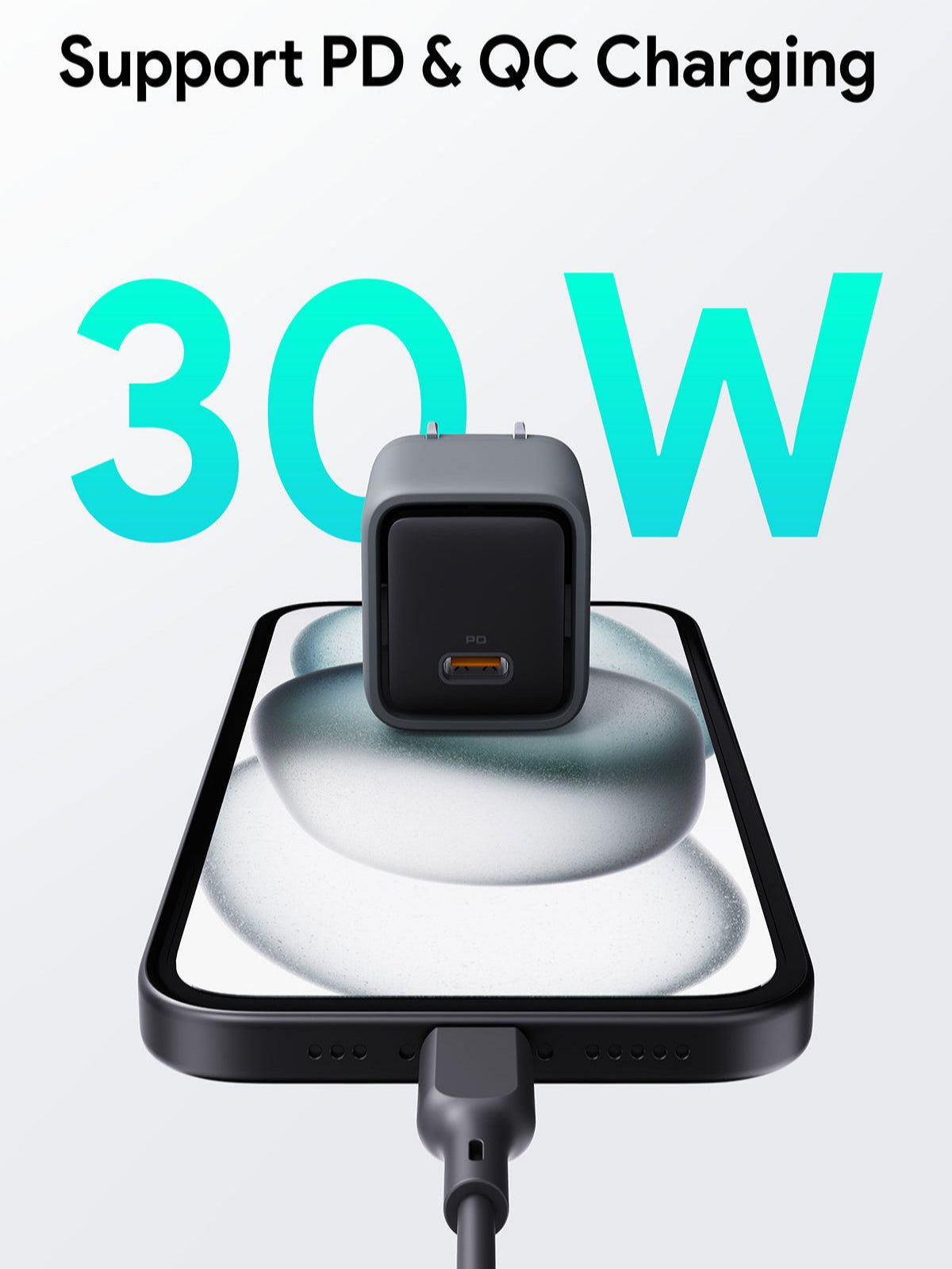 30W wall charger supporting PD and QC charging on smartphone.