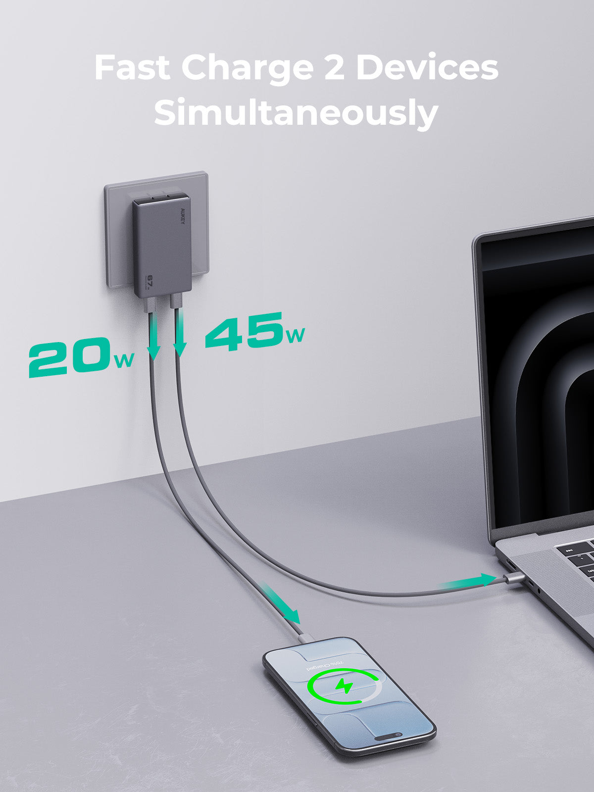 AUKEY Comet Slim 67W PD Wall Charger with GaN technology charging phone and laptop simultaneously