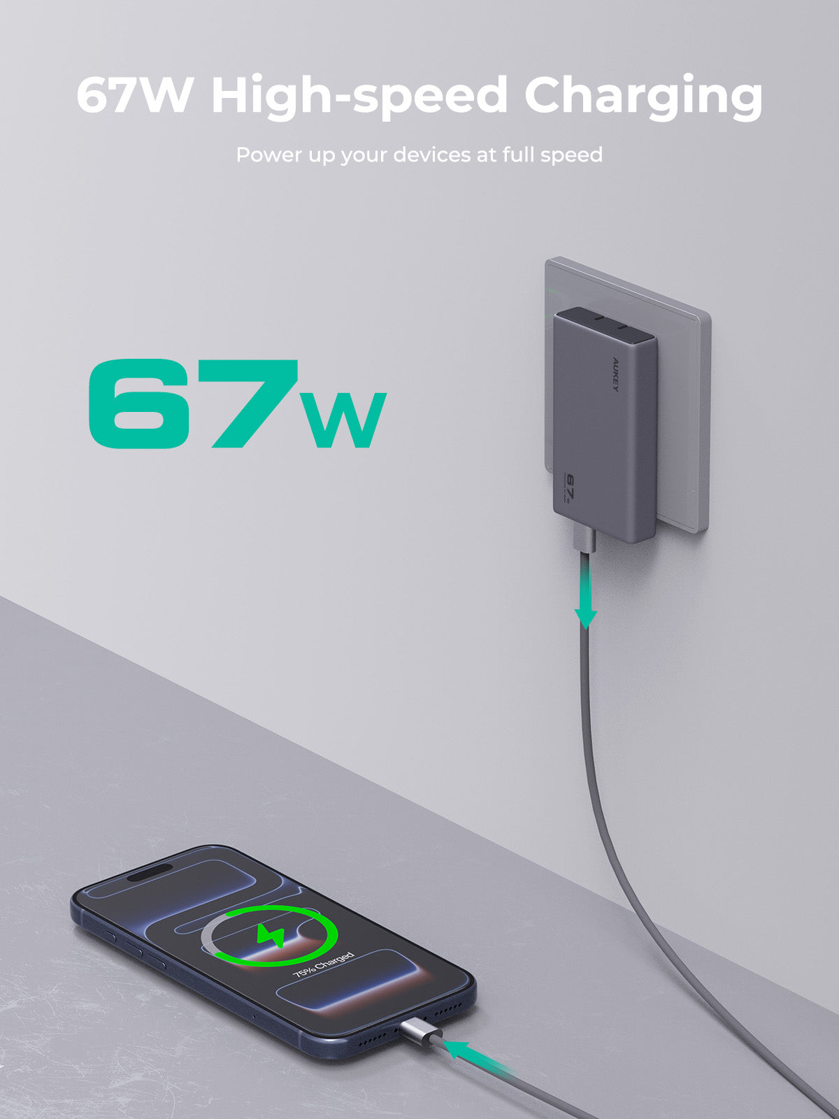 AUKEY Comet Slim 67W PD wall charger with GaN technology charging a smartphone