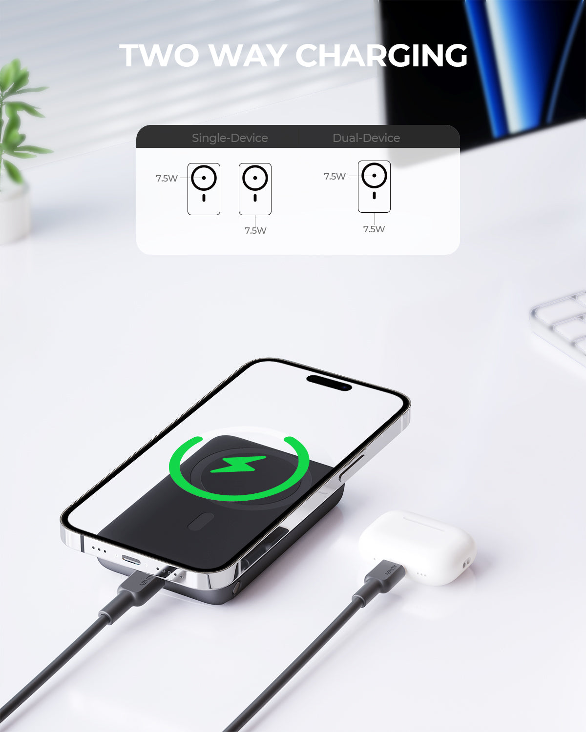 AUKEY MagFusion 6700mAh 20W Magnetic Wireless Charging Power Bank USB C-C  Included Gray