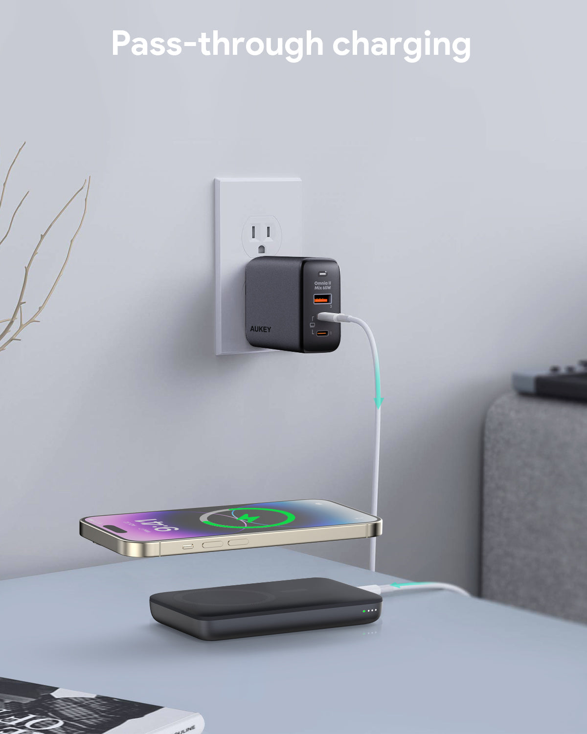 AUKEY MagFusion 6700 20W magnetic wireless charging power bank with pass-through charging in use