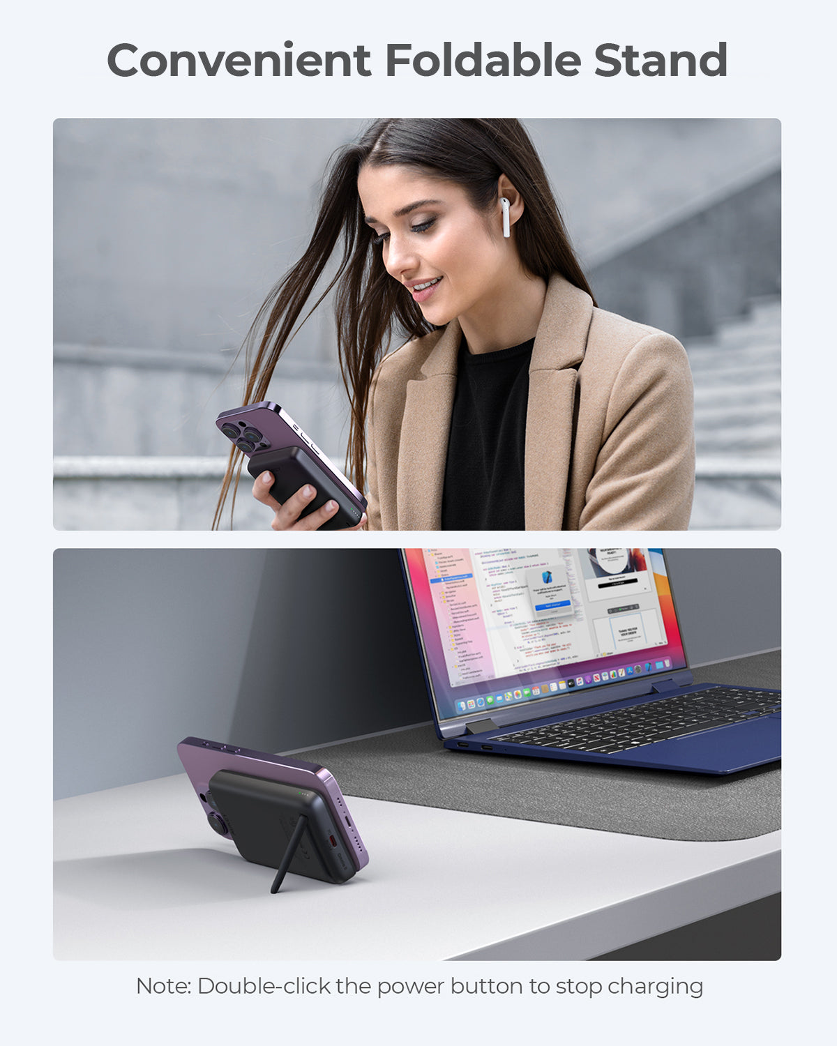 AUKEY MagFusion 10000 30W magnetic wireless charging power bank with foldable stand in use