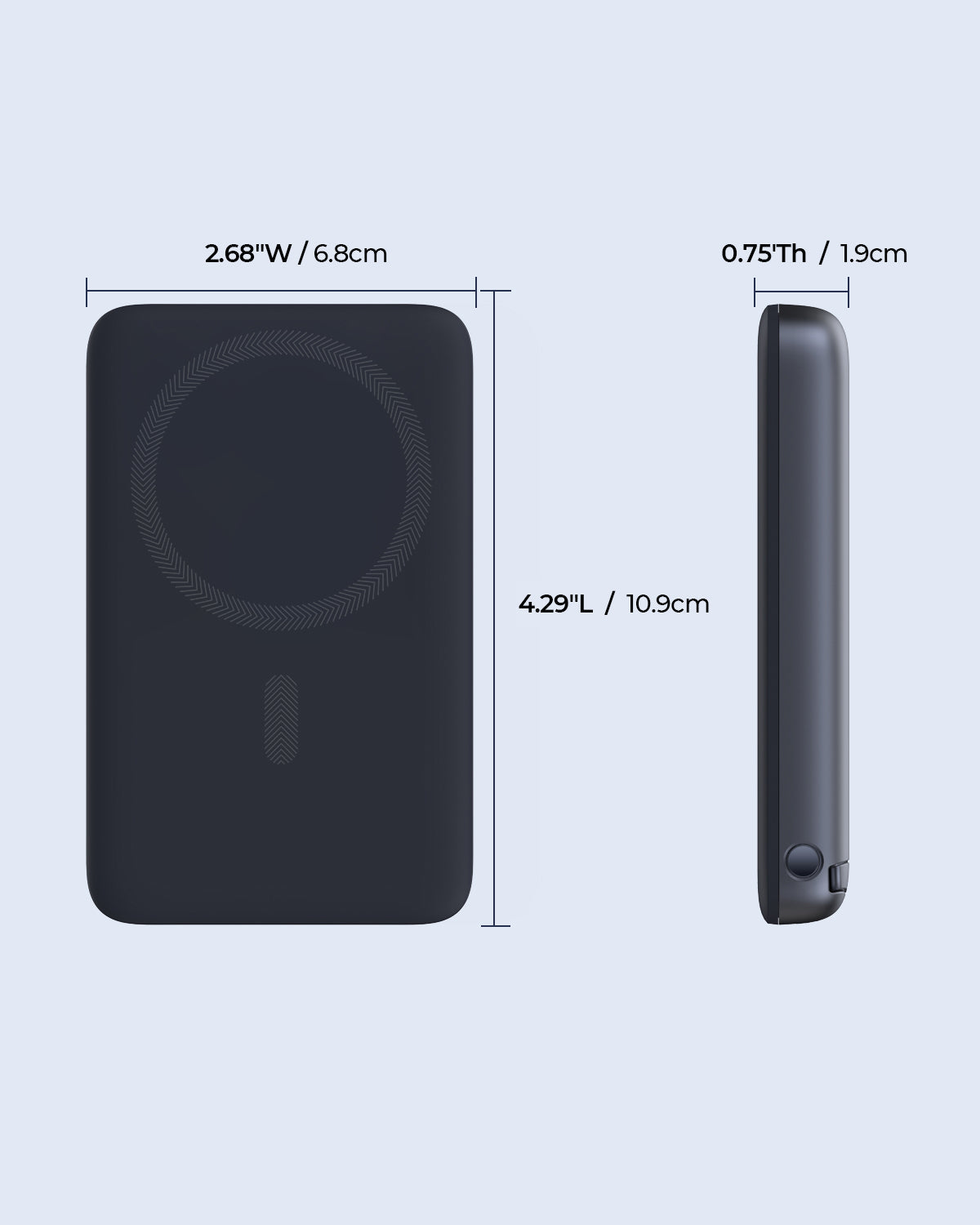 Compact AUKEY MagFusion 10000 30W magnetic wireless charging power bank with dimensions 4.29x2.68x0.75 inches