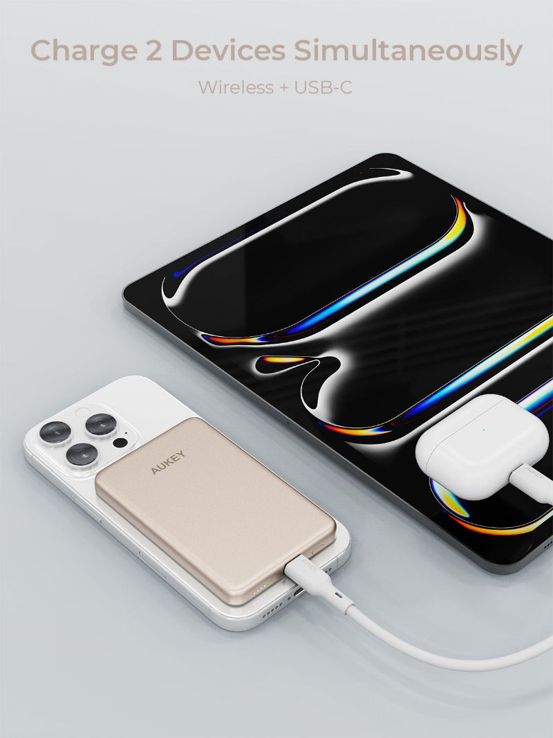 AUKEY MagFusion M 5000 20W Qi2 magnetic wireless power bank charging two devices simultaneously