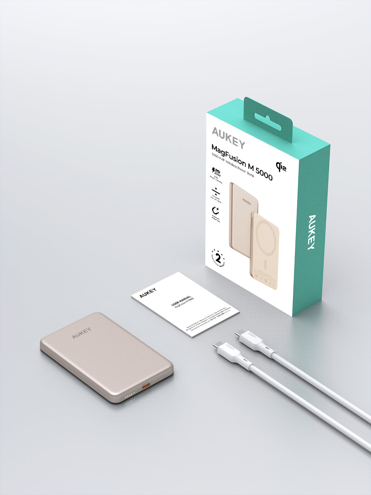 AUKEY MagFusion M 5000 20W Qi2 magnetic wireless power bank with charging cable and packaging box