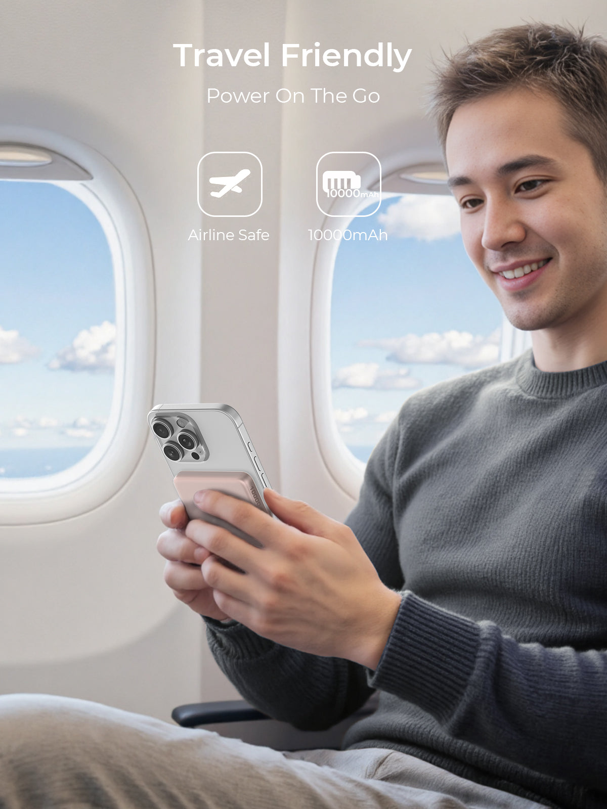 AUKEY MagFusion M 10000 20w magnetic wireless charging power bank in use on airplane