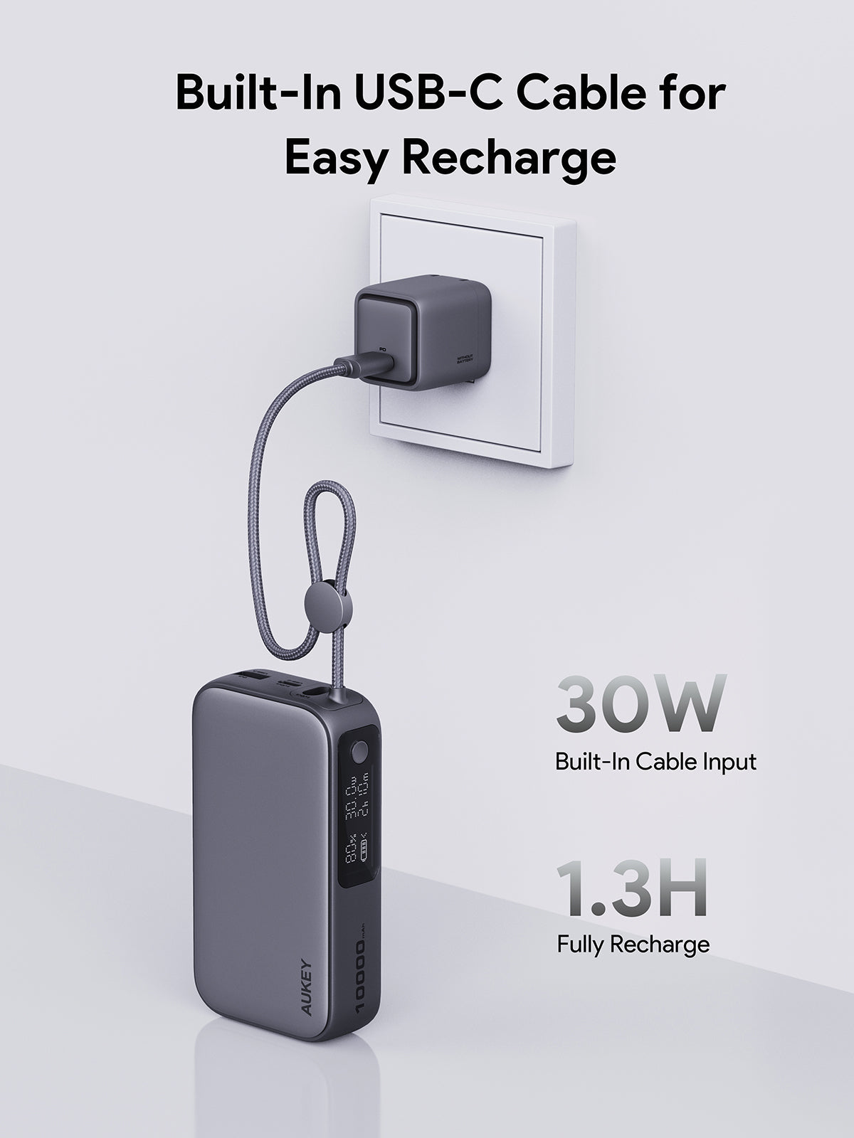 AUKEY Spark Sling 10000 Compact Fast Charging Power Bank with Built-in USB-C Cable PB-Y47