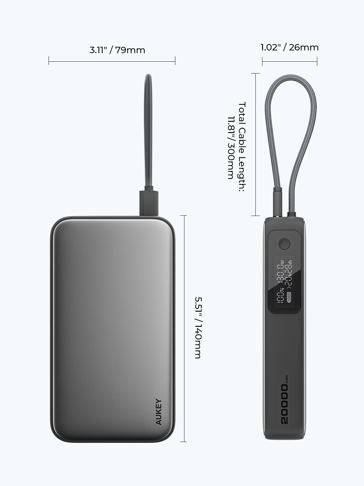 AUKEY Spark Sling 20000 Compact Fast Charging Power Bank with Built-in USB-C Cable PB-Y48