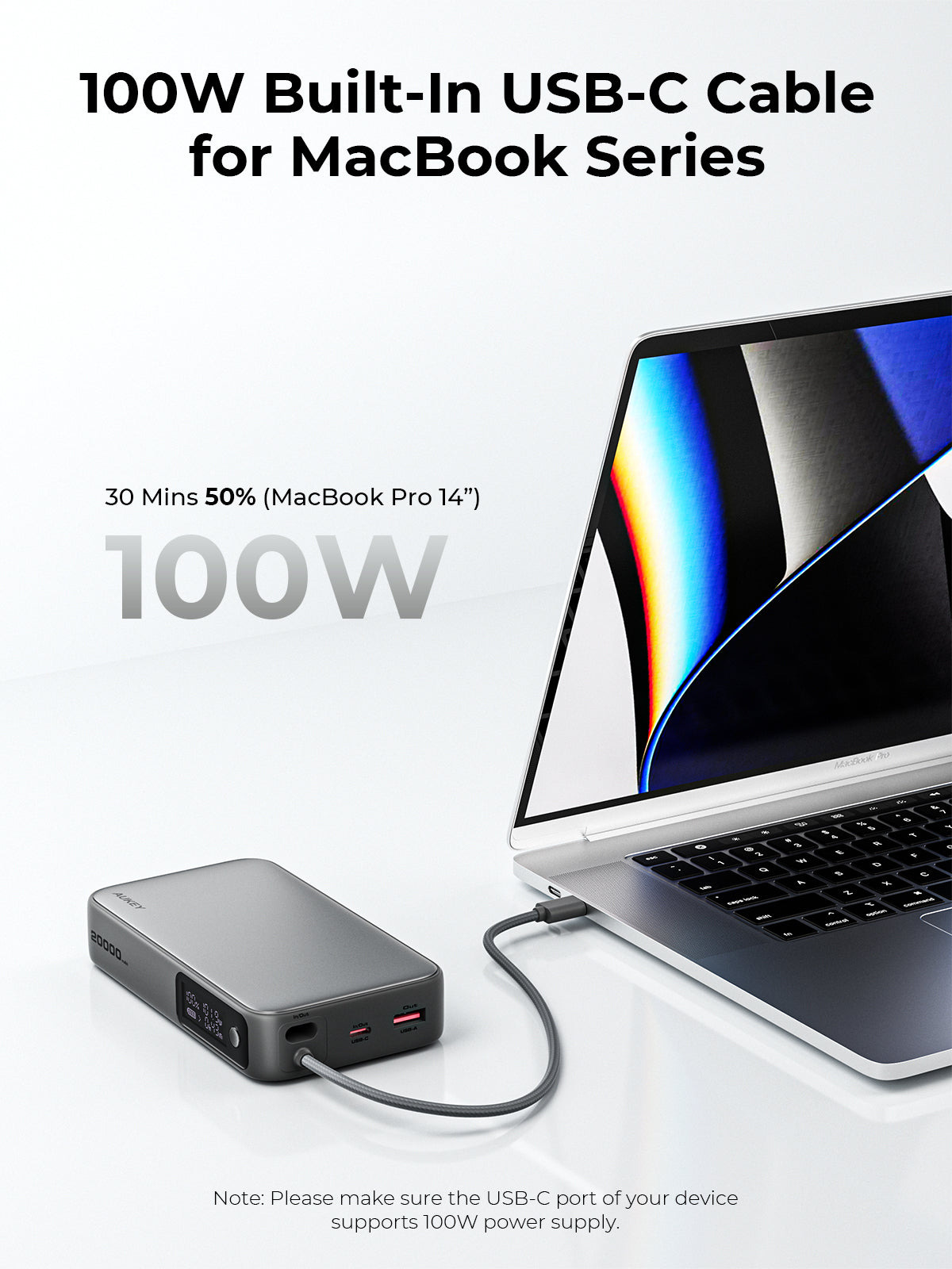 AUKEY Spark Sling 20000 Compact Fast Charging Power Bank with Built-in USB-C Cable PB-Y48