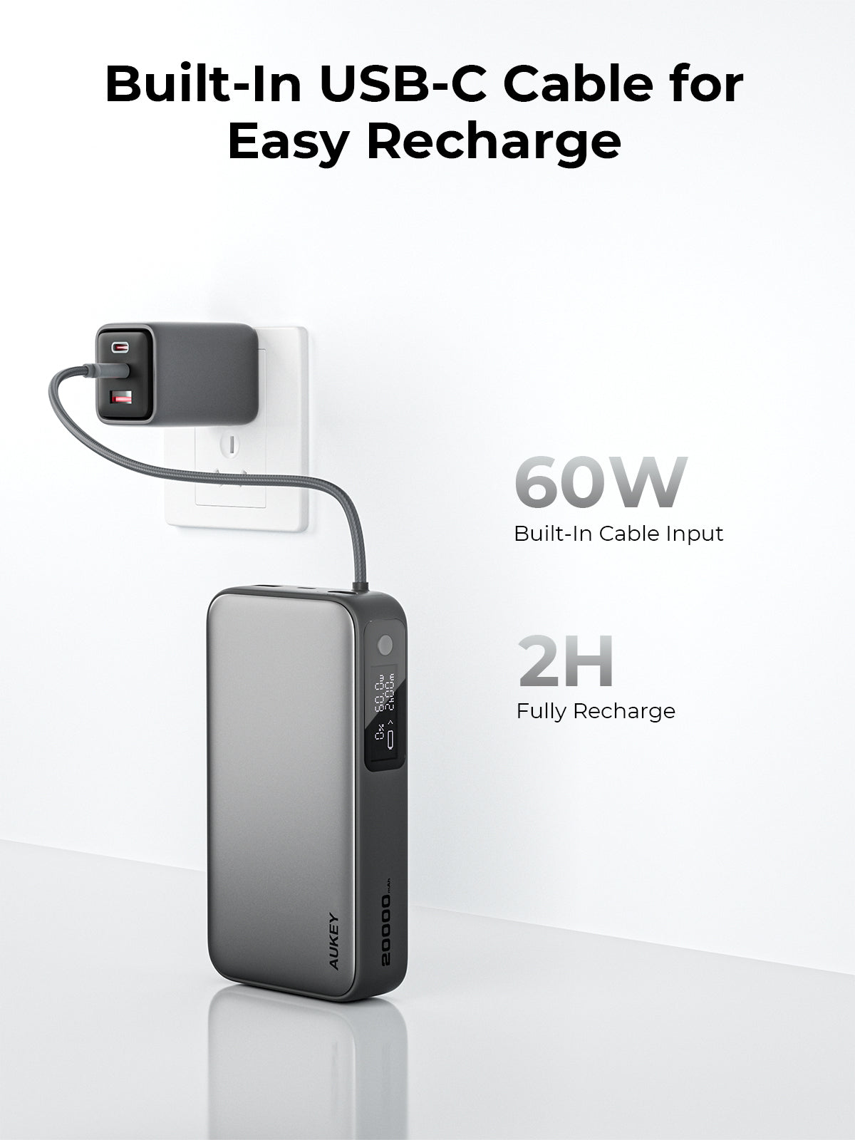 AUKEY Spark Sling 20000 Compact Fast Charging Power Bank with Built-in USB-C Cable PB-Y48