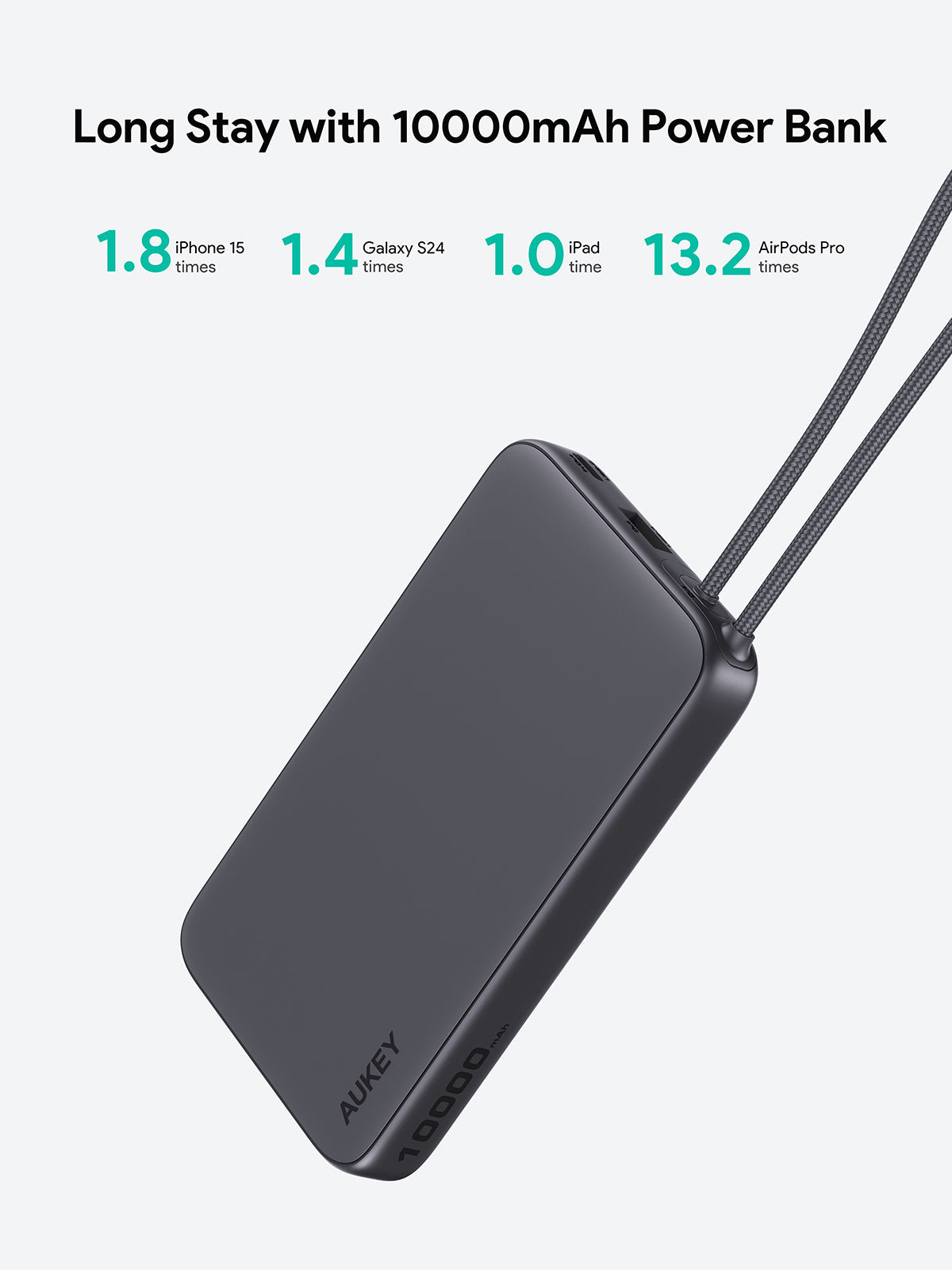 AUKEY Spark Sling 10000 Lite Slim Power Bank with Buit-in USB-C Cable PB-Y53