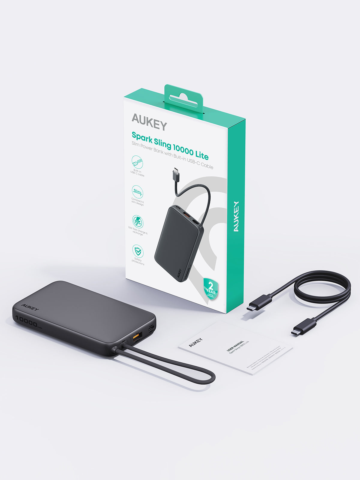 AUKEY Spark Sling 10000 Lite Slim Power Bank with Buit-in USB-C Cable PB-Y53