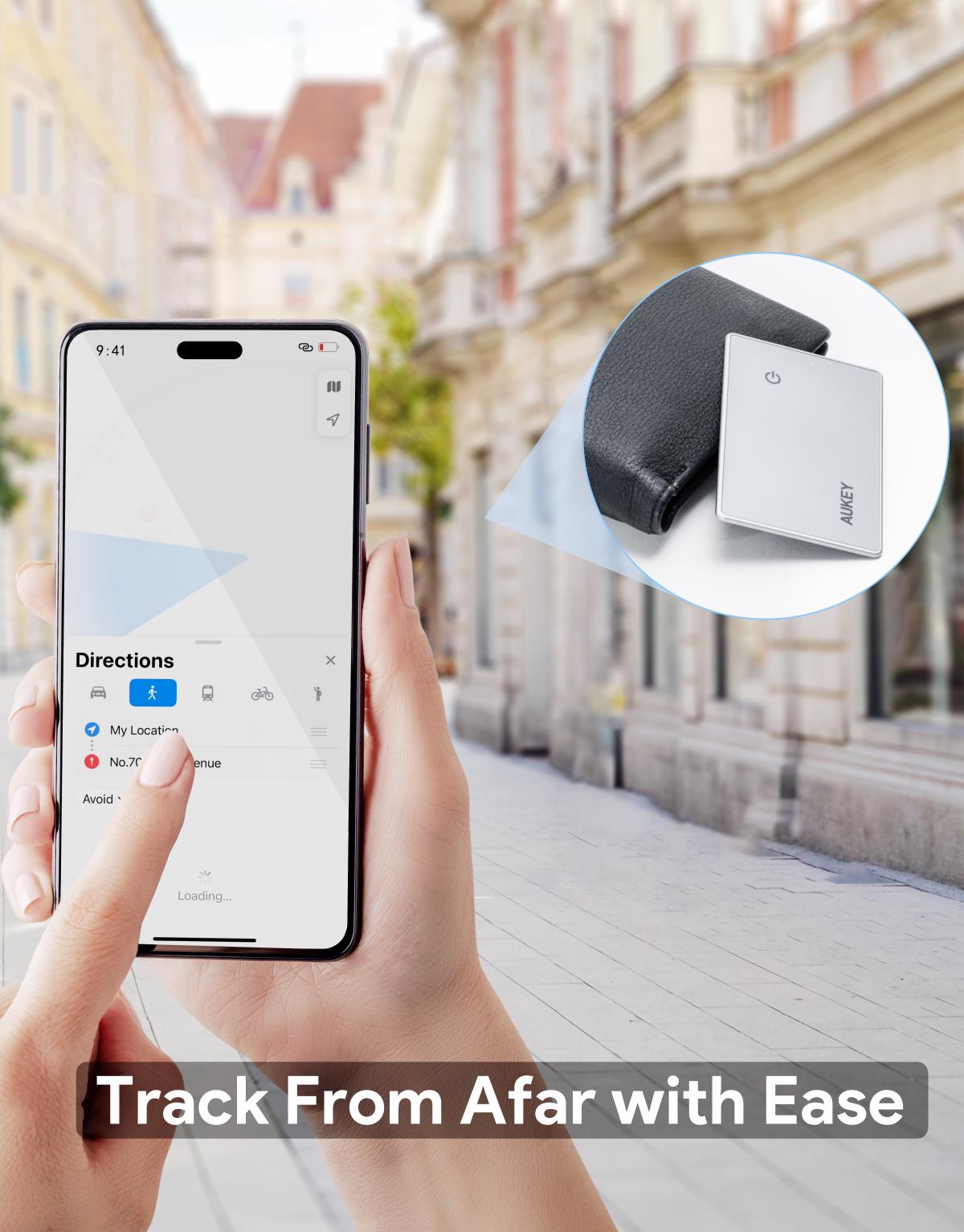 AUKEY TM-21 Track Mate 3 Bluetooth Tracker with smartphone tracking app showing directions