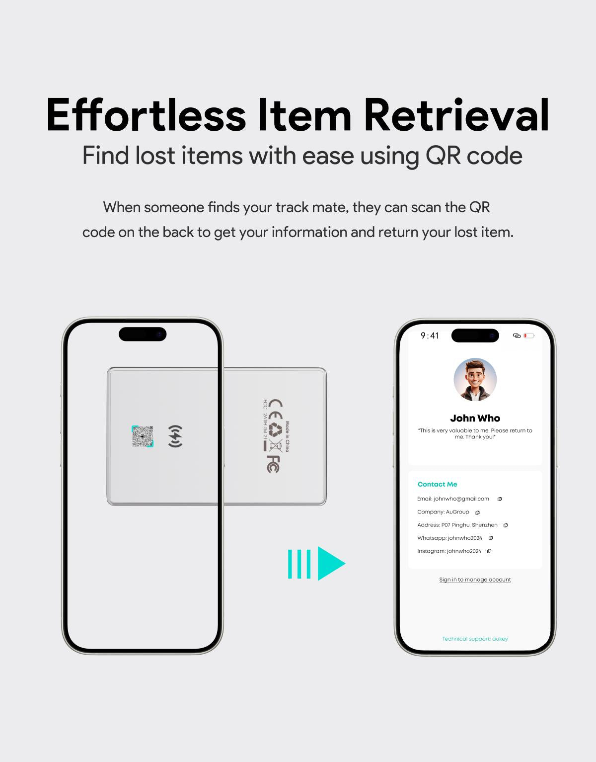 AUKEY TM-21 Track Mate 3 smart Bluetooth tracker with QR code for effortless item retrieval