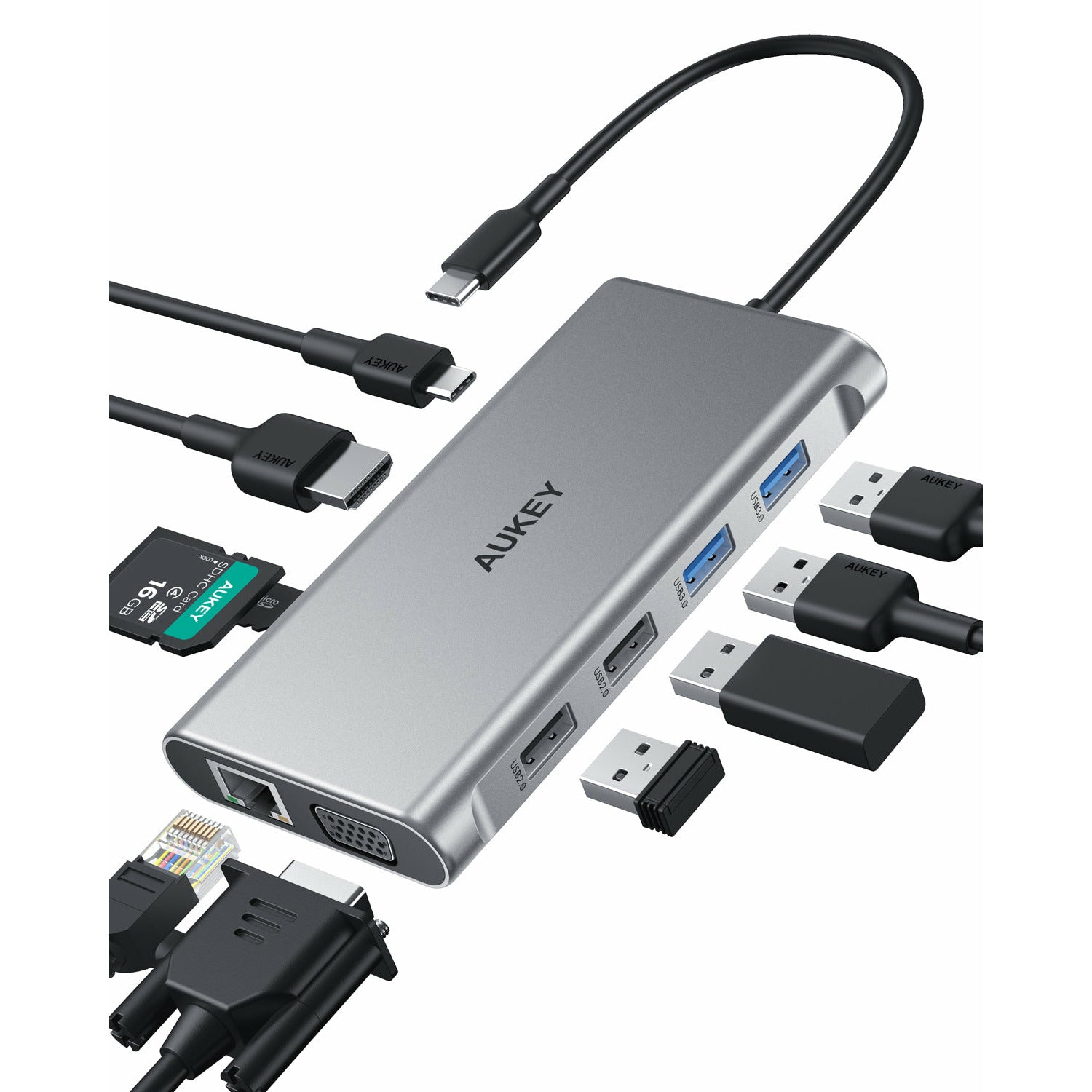 AUKEY CB C89 10 in 1 USB C Hub with 4K HDMI VGA Silver