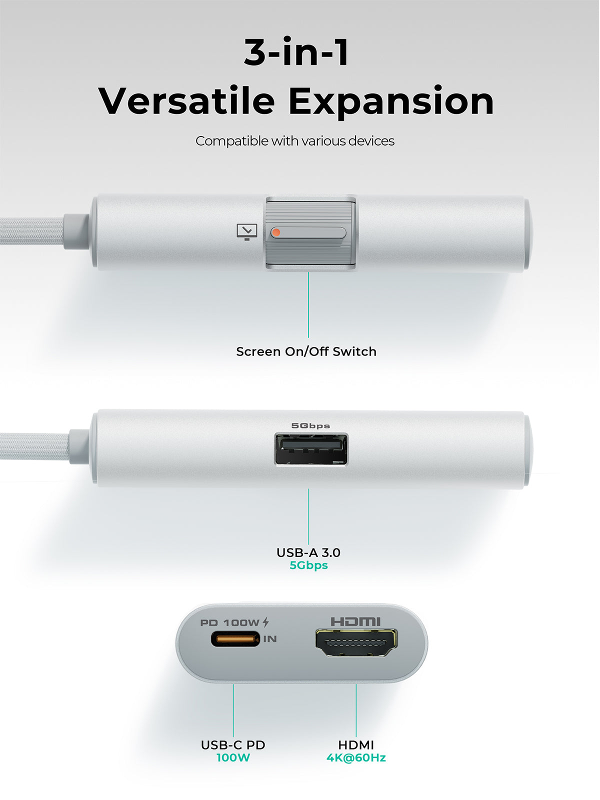 AUKEY UH-CUH01 TravelDok 3-in-1 USB-C Hub