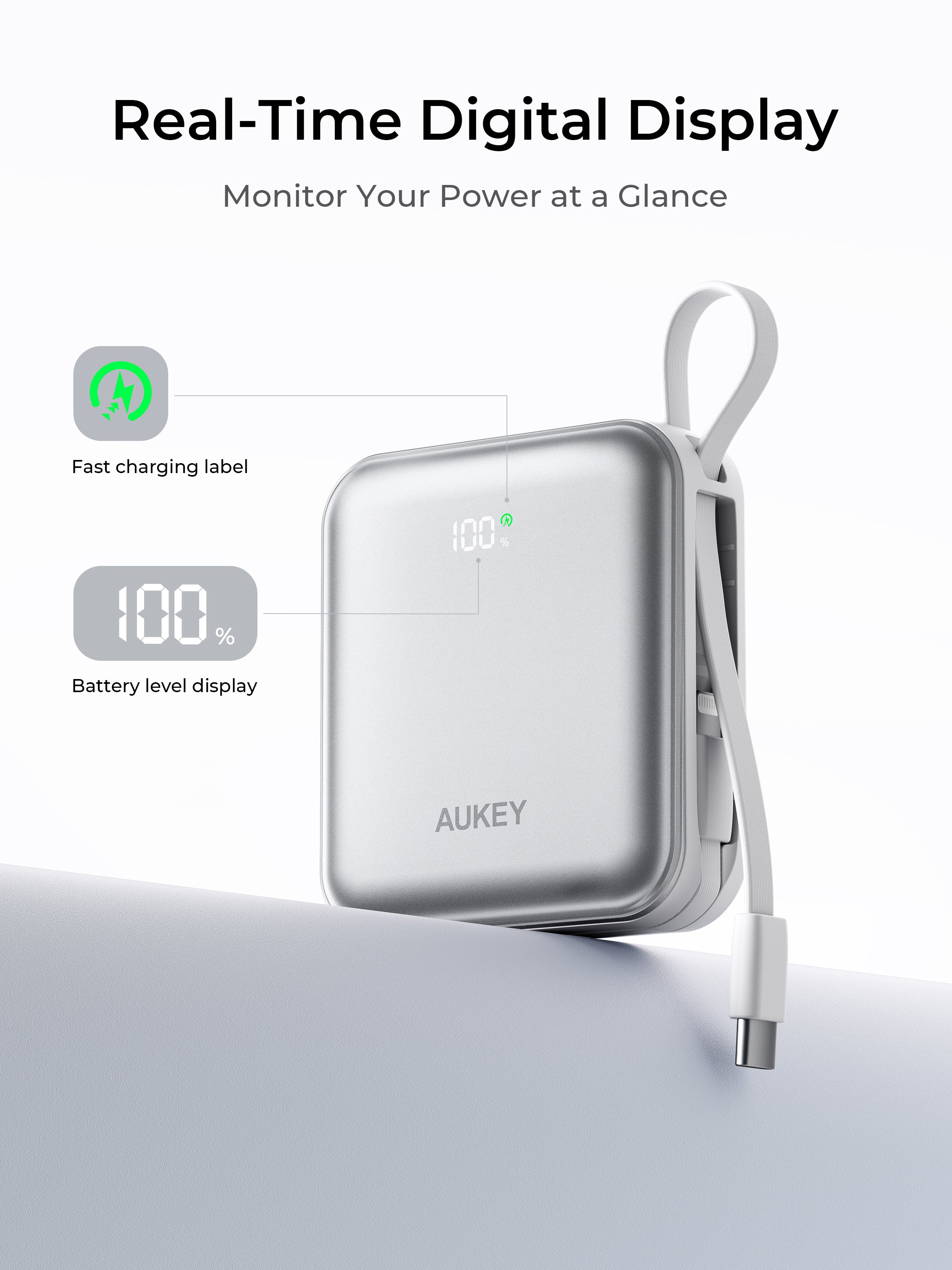 AUKEY Swivel Mini L 10000 22.5W 10000mAh Power Bank with Built-in USB-C and Lightning Cables PB-Y91L