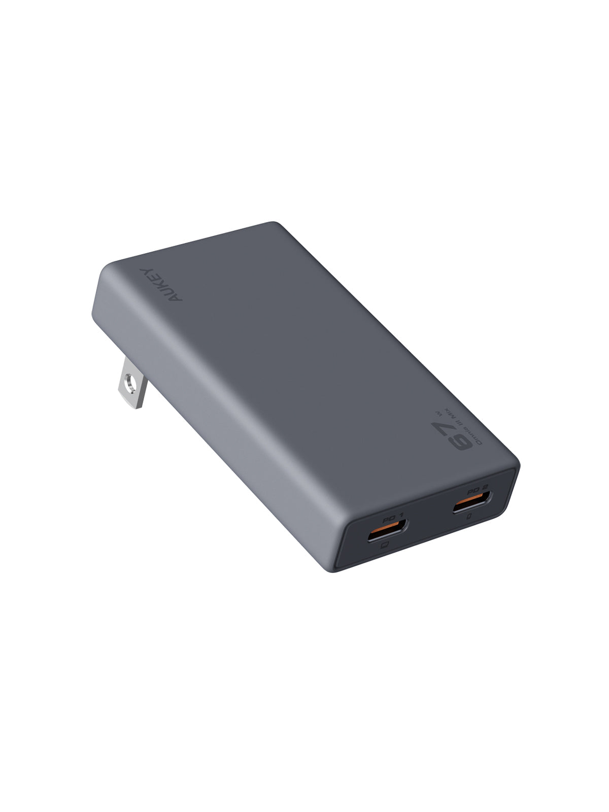 AUKEY PA-C4 Comet Slim 67W PD Wall Charger with GaN Technology plugged into wall charging an iPhone fast